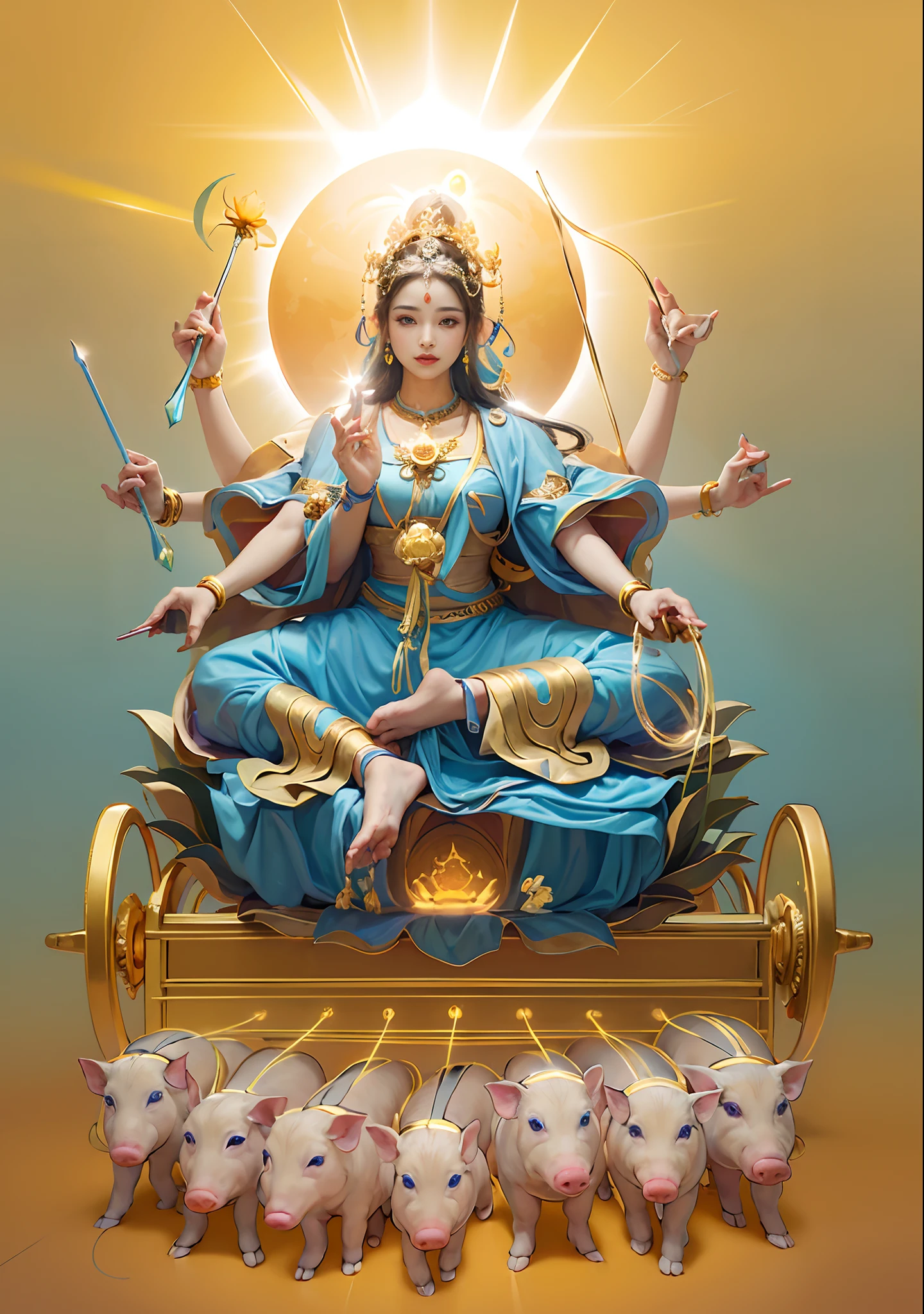 Beautiful woman sitting in a golden car, (((Golden lotus throne)))，The woman wears a light blue dress，Light blue pants，(((Head background with round light)))，(((Behind it is the sun)))，(((Women emit bright and dazzling blue light)))，Women have three heads，In total, The arm has eight mudras，Take all kinds of metal weapons，Barefoot on both feet，There are seven piglets pulling carts in front，goddess of love and peace, indian goddess of wealth, Heavenly Bodhisattva, goddess art, goddess of wisdom, an ancient Chinese goddess，photorealestic，professional photoshooting，Realiy，超高分辨率，tmasterpiece，