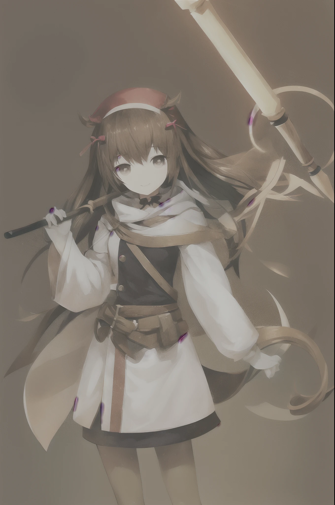 1 petite anime girl holding a staff, tiny build, hazelnut eyes, chestnut hair, long hair, two tiny antlers on the head, cheeky smile, standing straight, looking at viewers.