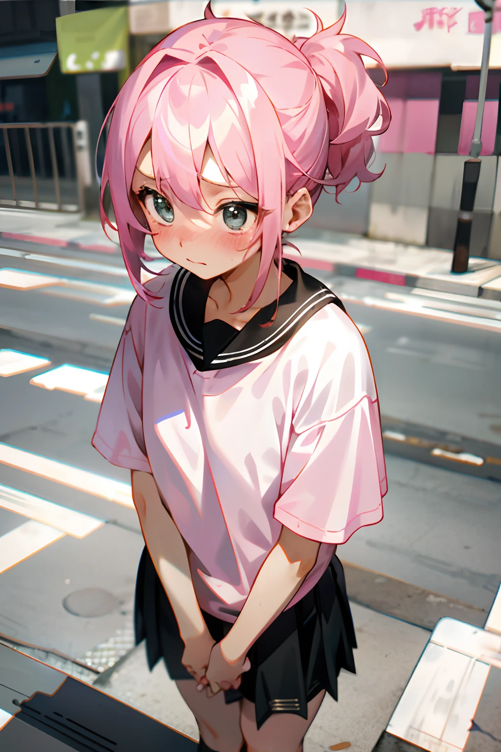 Anime girl in a short skirt and a white shirt standing on a sidewalk ...