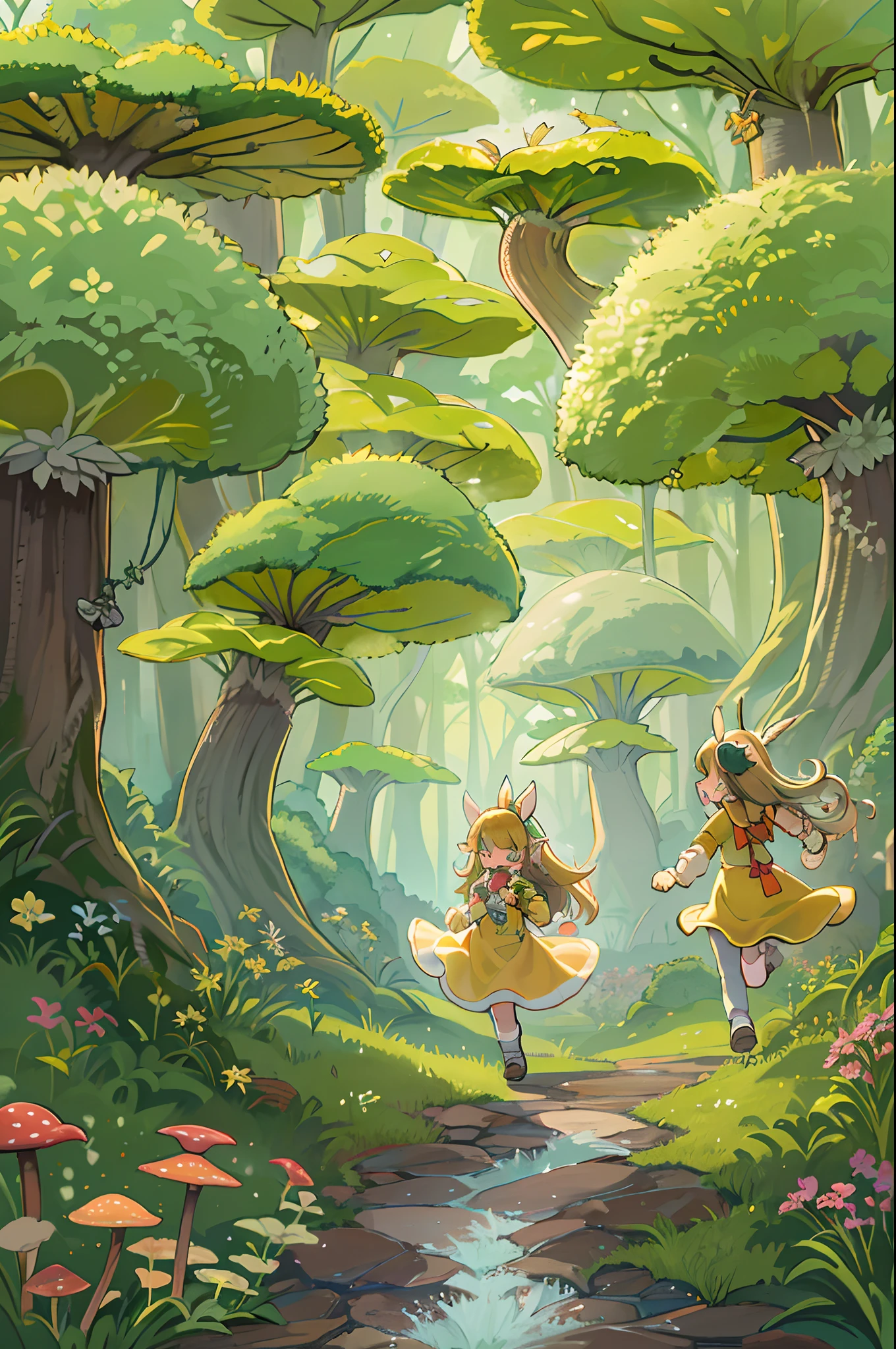 eyesight, (Three Lolitas: 2) Stable diffusion is the best image quality, morning sunlight, Spring landscape, Dew and flowers, flying hair, Live in a fairytale dreamland with mushrooms, Trip, Running, and laughing. forest pathway