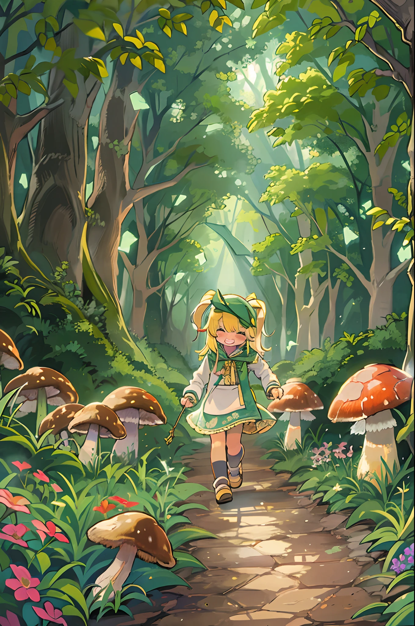 eyesight, (Three Lolitas: 2) Stable diffusion is the best image quality, morning sunlight, Spring landscape, Dew and flowers, flying hair, Live in a fairytale dreamland with mushrooms, Trip, Running, and laughing. forest pathway