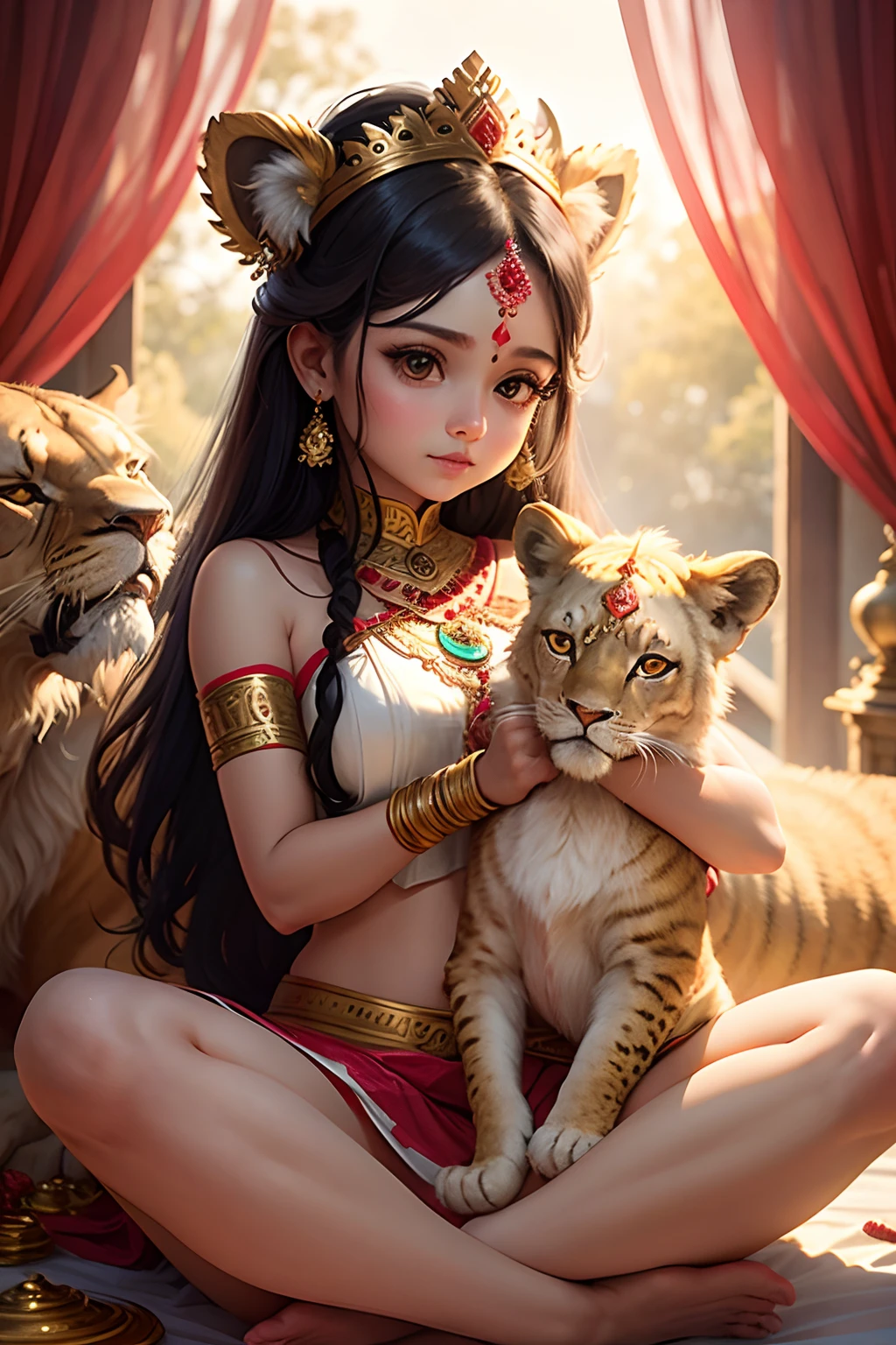 A small girl as maa durga bengali godess with baby lion