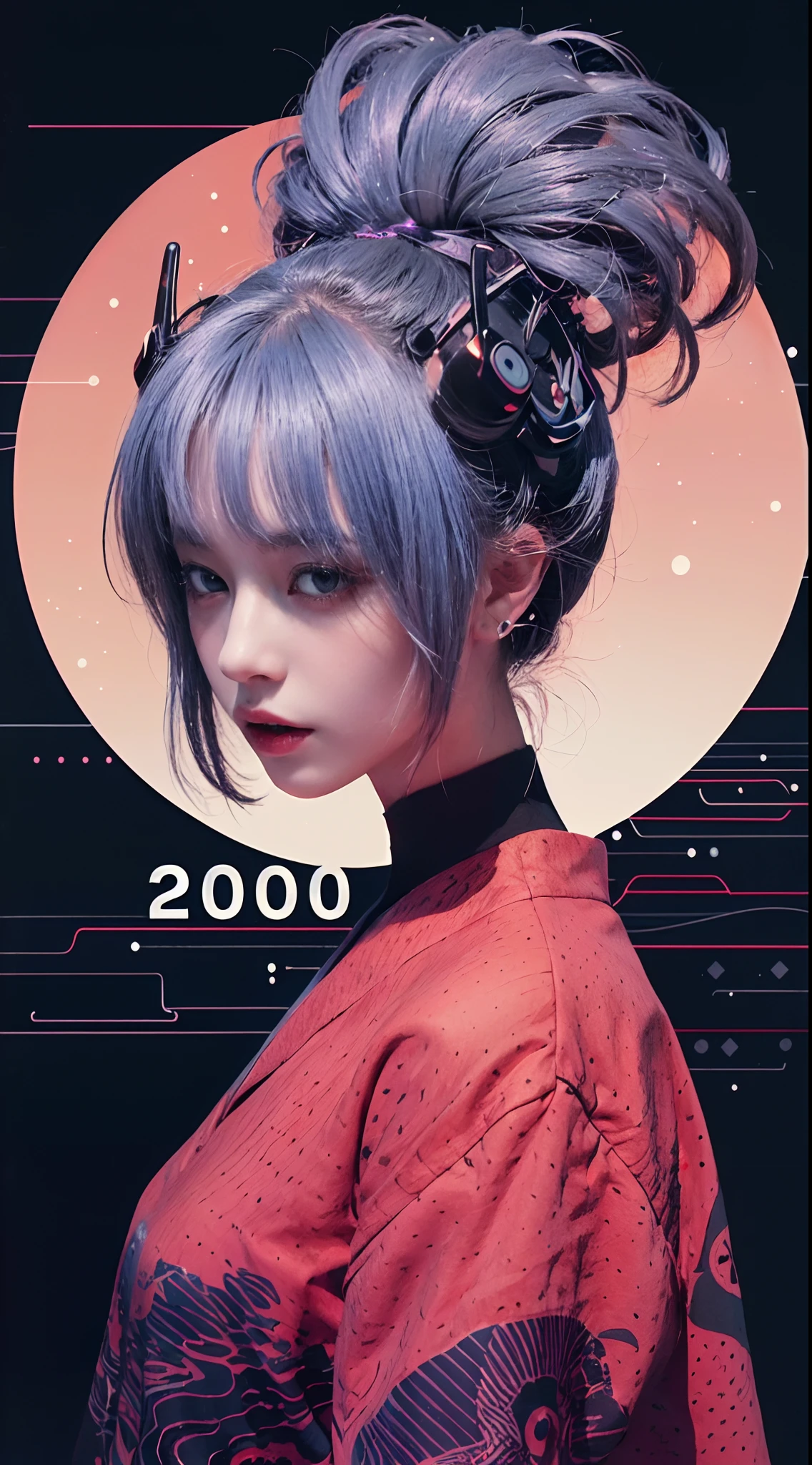 Anime girl from the future, (y2k style, poster in the style of minimalistic line - art), dots and lines, 1960s algorist aesthetic, worn dark distressed finish, strange things, metaverse, celestialpunk, yokai, Yuumei, supernatural, (masterpiece, high res, high quality, best quality)