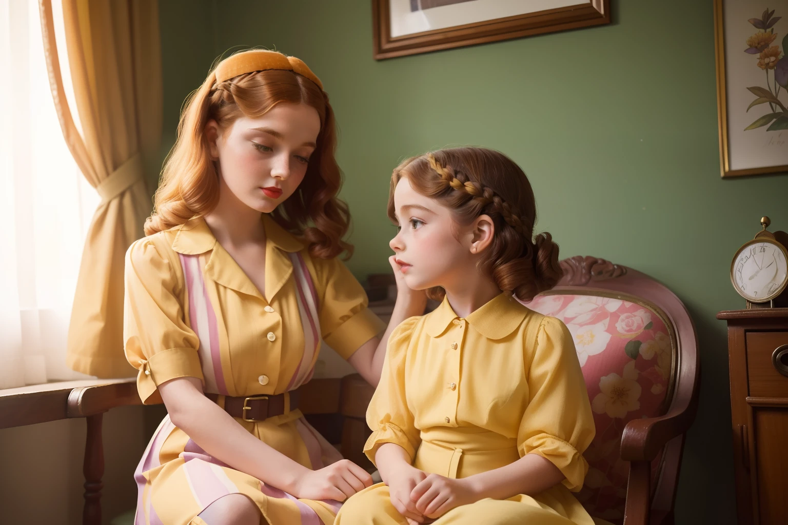 Year: 1946. Location: New York. pre-raphaelite frenchwoman with honey hair, and her 8--old ghter, ((nostalgia)) ((love and care)), ecclectic city appartment, ((1940s colorful modern summer clothes)) ((1940s hairstyle)) ((in the style of "OMITB")) ((cinematic style))