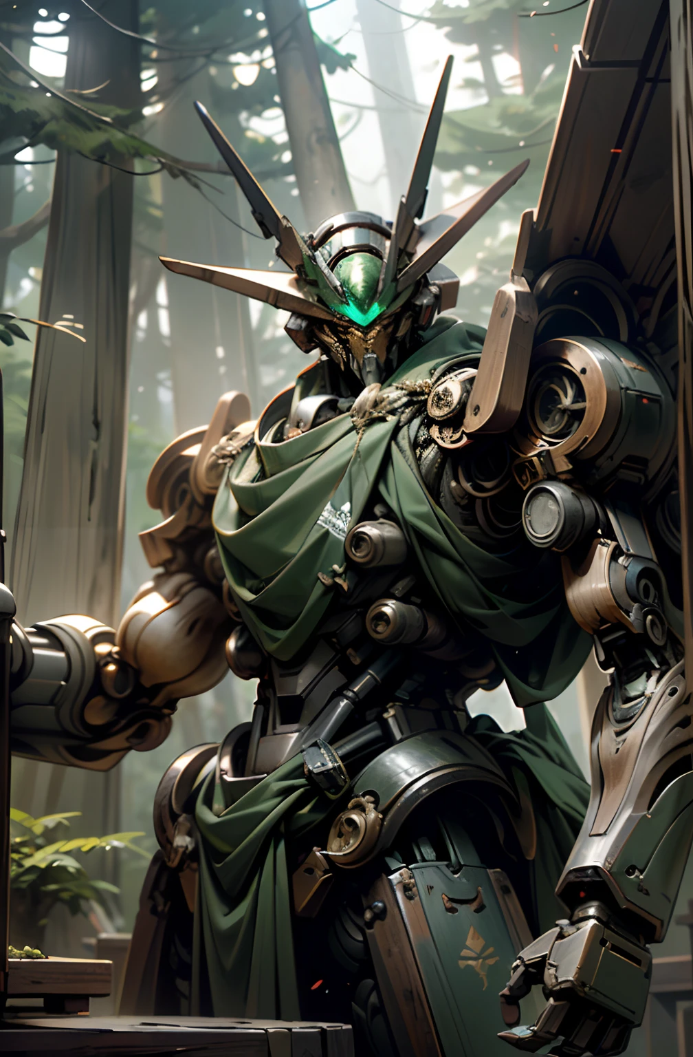 ((Ancient_((wooden_Mecha))))_Masterpiece, ((Wooden_mecha)), ((wood_armour)), giant_((ancient))_forest_((guardian)), giant_((mechanical))_unit, ((mecha))_holding_weapon_((holding_staff)), absolute_((stunning))_art, lush_((green))_((forest))_((background)), highest_((quality))_art, highest_((resolution)), hyper_((detailed)), ((ancient)), atmospheric, 8k, 64k, HD, unparalleled_masterpiece, dynamic_lighting, cinematic, epic, ((no_human))