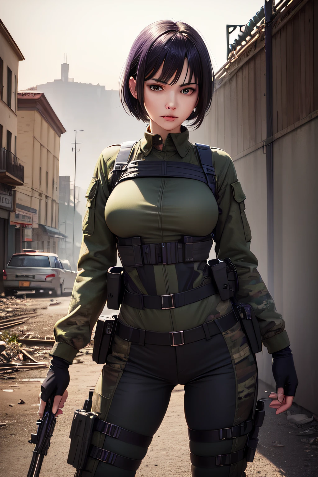 (at night), in a video game scene in the background, a beautiful city at night, raining, alone, standing looking straight ahead, military clothing with military green skirt and pants, black gloves, semi-short hair, ((semi-short hair)), 1 girl, 30 years old, young woman, perfect hands, Beautiful fingers, Beautiful long legs, Beautiful body, Beautiful nose, Beautiful character design, perfect face, looking straight at the viewer with a serious gesture, very upset looking at the viewer, she has a black whip in her hand (focusing on her face), closed mouth, smile_light, official art, extremely detailed CG unity 8k wallpaper, perfect lighting, bright and colorful front lighting, skin glossy (masterpiece: 1.0), (best_quality: 1.0), ultra high resolution, 4k, ultra detailed photography, 8K, hdr, high resolution, nonsense:1.2, Kodak portrait 400, film grain, blurred background, bokeh:1.2 , Lens flare, (vibrant_color:1.2), professional photography, (Beautiful, breasts: 1.4), (Beautiful_face: 1.5), (narrow waist),