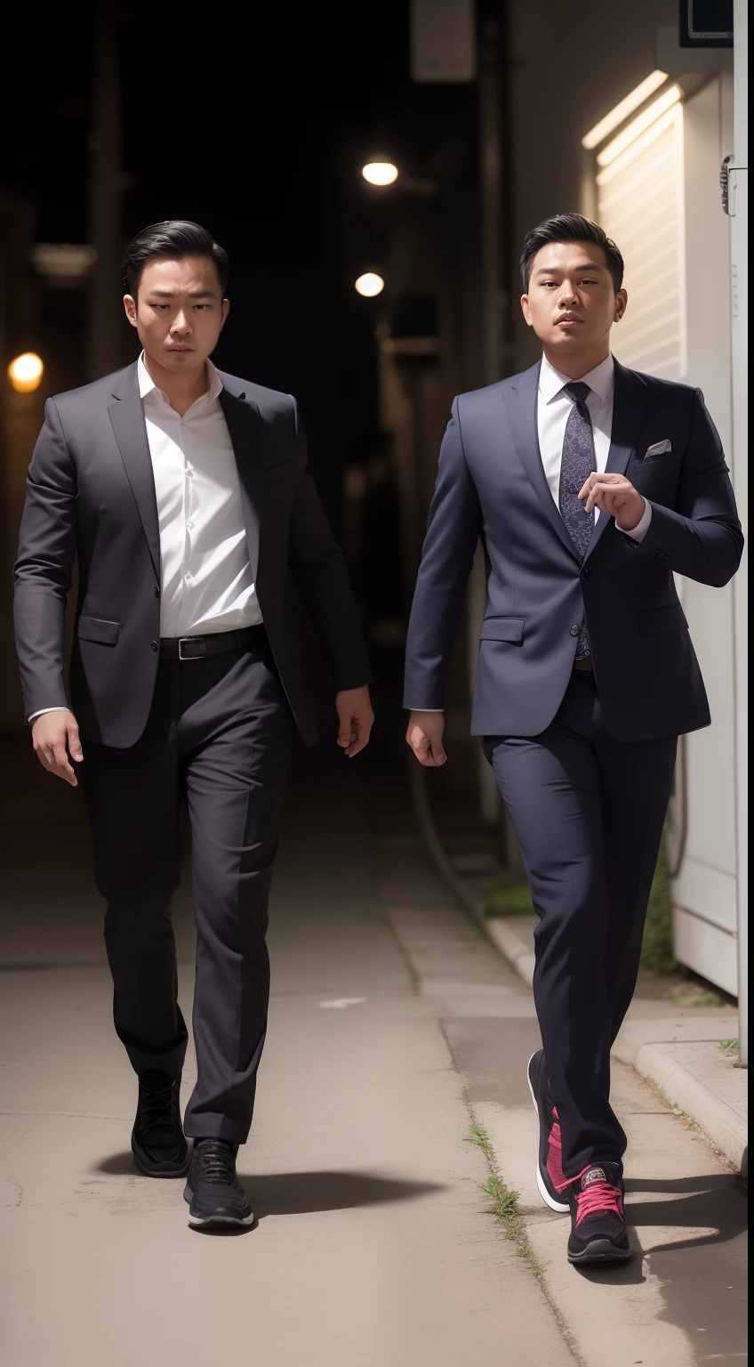 Illustrate a portrait where the two Malay men become detectives in a noir-inspired world, using their sneakers to chase clues through dimly lit alleys and unravel a mysterious case.