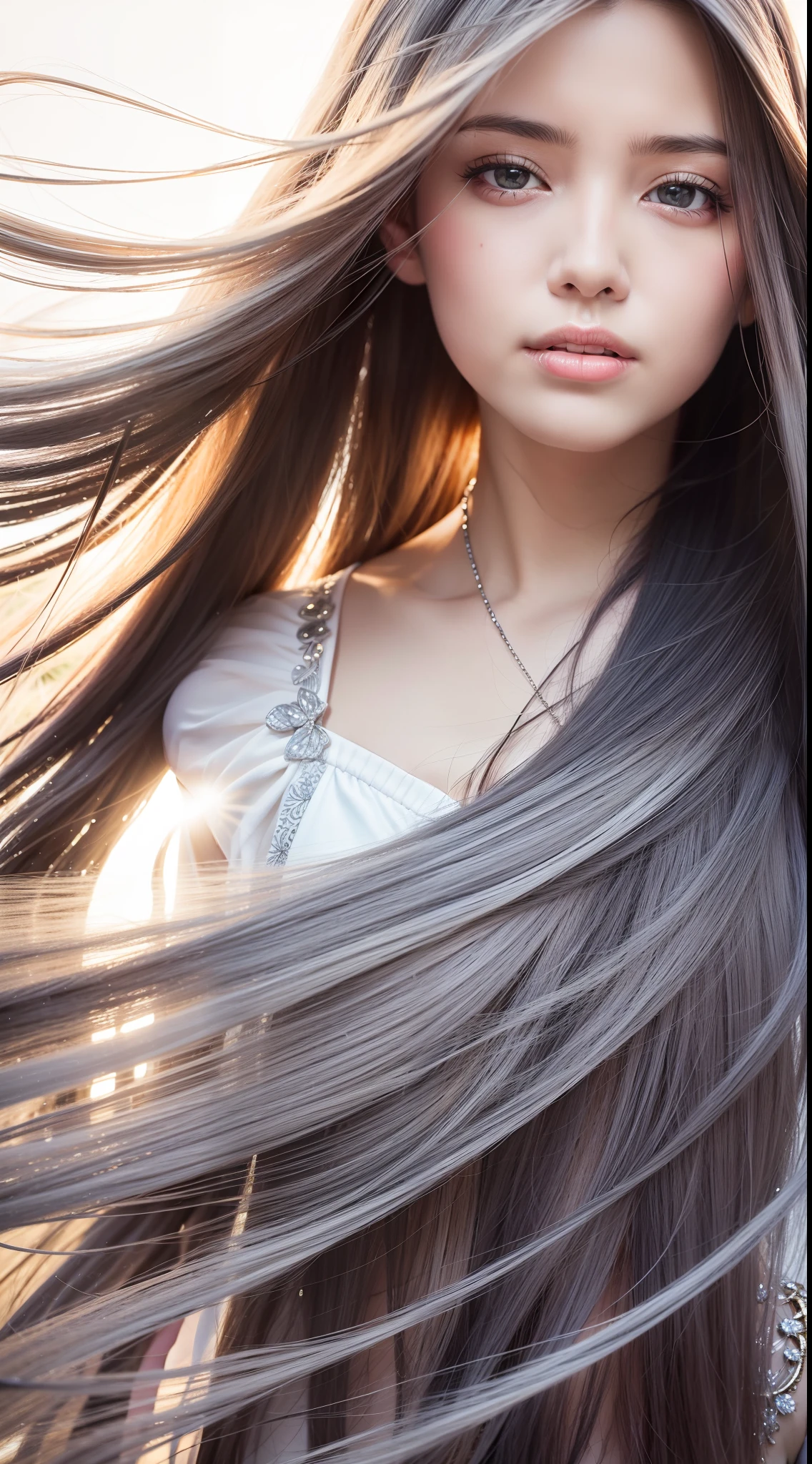 Best quality, A high resolution, Ultra-detailed, Realistic, Beautiful silver to black gradient wavy long hair blowing on woman's face in a soft breeze, Long flowing hair was lifted, Vibrant flowers in the background of the park, Close-up shot,Lightweight,High kicking stance