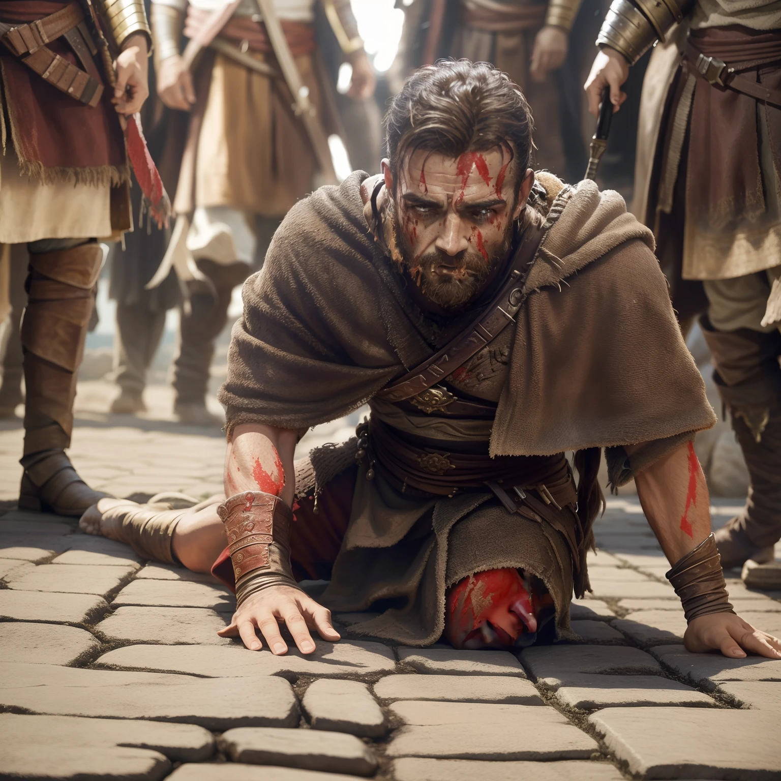 Man with blood on his face sitting on the floor, biblical epic movie, filme ainda de god of war, 8 k filme ainda, 300 o filme, action scene from the film, editing, ainda de um filme live action, VFX, na captura de tela do filme 300, cena do filme live action, cinematic still