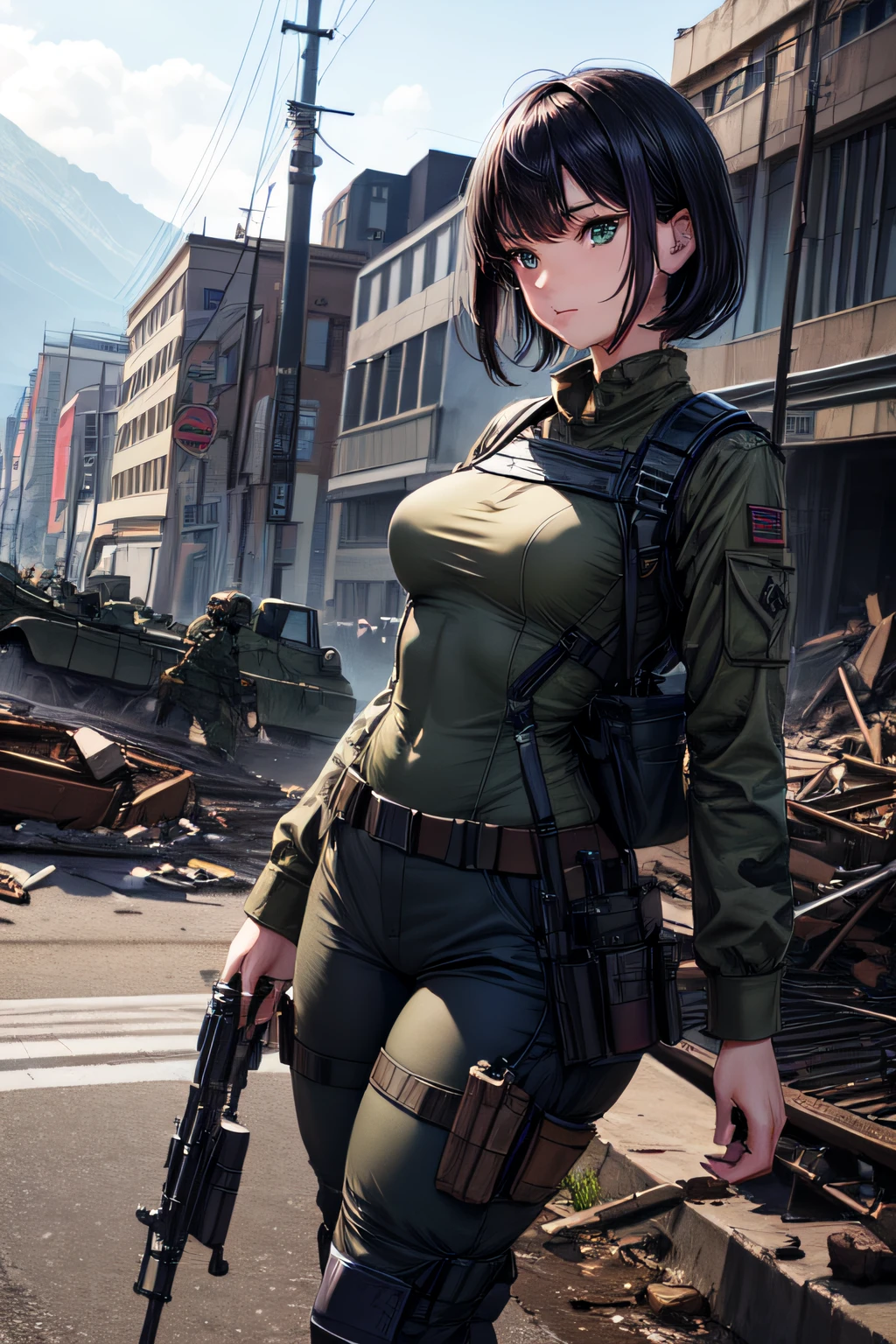 illustration, ((best work)), ((very detailed))l, beautiful woman, short black hair (purple:1.2), green eyes, medium breasts, army uniform, green camouflage, trousers, army gear, machine gun m_16 , standby position, very tense, unreal machine, perfect body anatomy, big thighs, background, post war, broken roads, collapsed buildings, complicated, ultra hd, highly detailed, realistic, 8k resolution