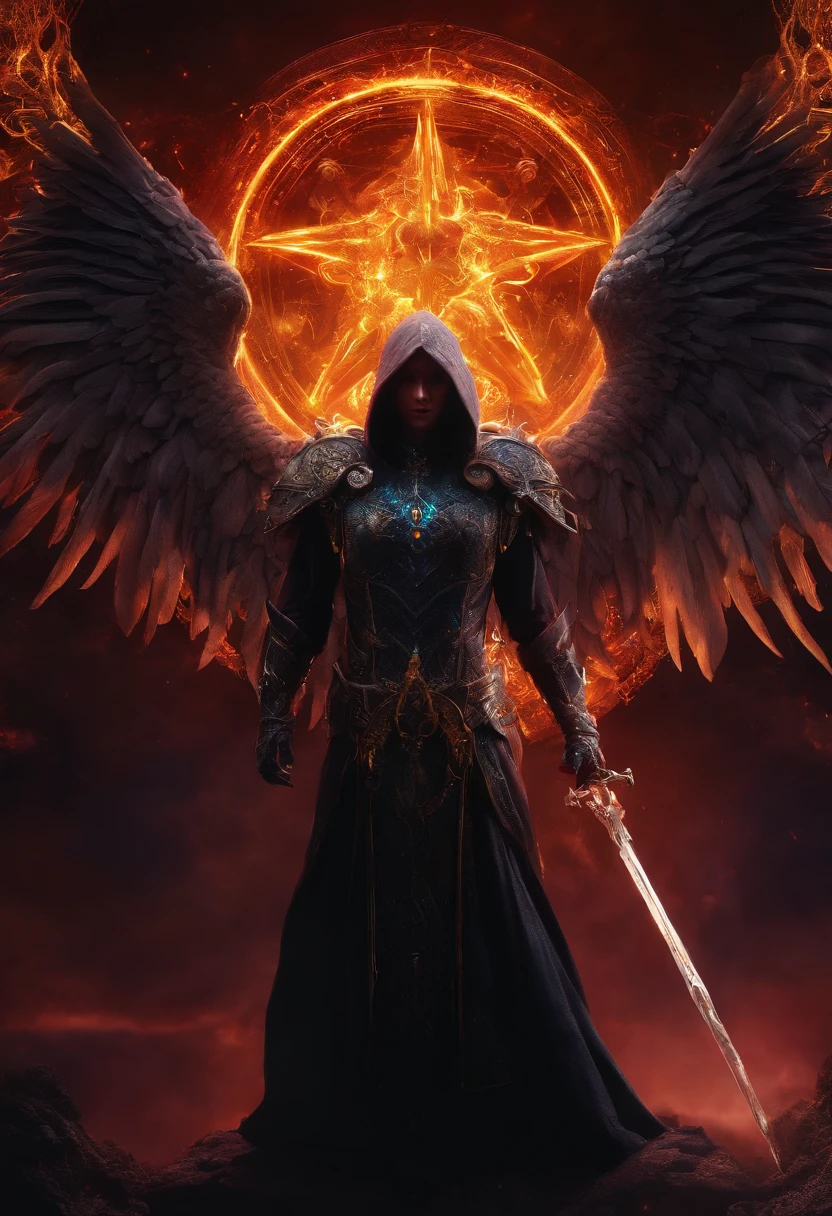 Cosmic Fallen Angel, Maltael, Gun sickles in their hands, Glowing light eyes, biomechanical, eldritch, Creepy, nightmarish, Very bright colors, light particles, with luminous light, Wallpaper Art, UHD wallpaper,medieval garb