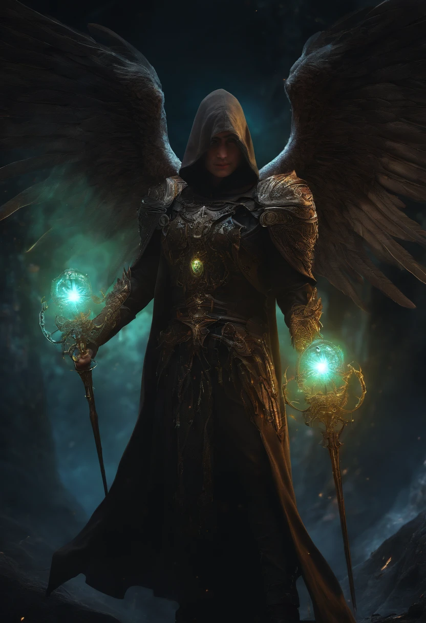Cosmic Fallen Angel, Maltael, Gun sickles in their hands, Glowing light eyes, biomechanical, eldritch, Creepy, nightmarish, Very bright colors, light particles, with luminous light, Wallpaper Art, UHD wallpaper,medieval garb