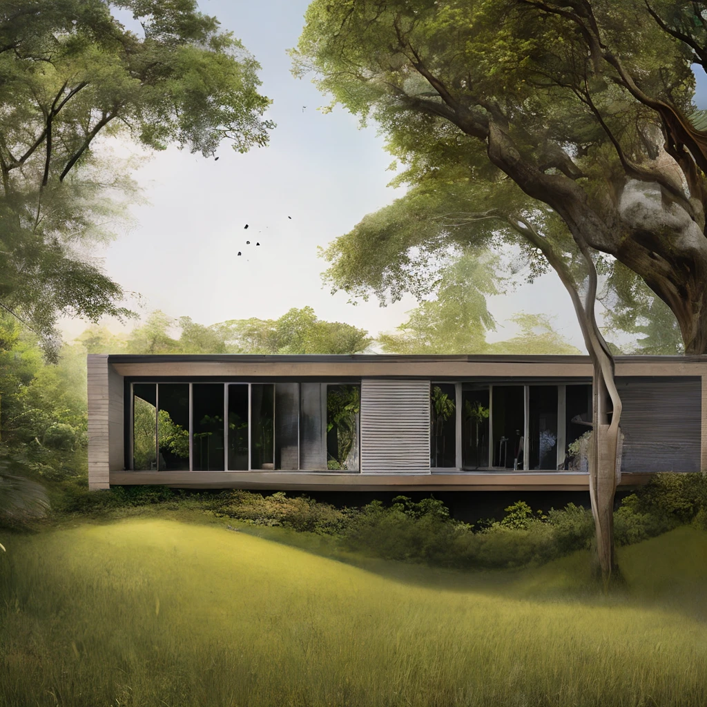 Hyper realistic eye level exterior photo of a futuristic style house overlooking the jungle, daylight, indirect lighting, AD magazine, Frank Lloyd, Eames, Mies van der Rohe