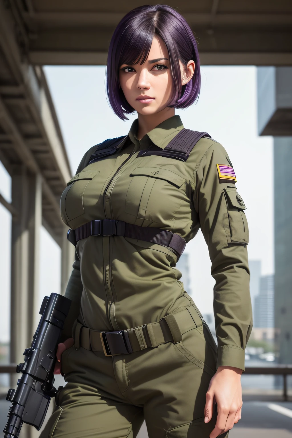 illustration, ((best work)), ((very detailed))l, beautiful woman, short black hair (purple:1.2), green eyes, medium breasts, army uniform, camouflage green, trousers, army equipment, machine gun m_16 ,standby position, unreal machine, perfect body anatomy, big thighs, background, post war, broken roads, collapsed buildings, complicated, ultra hd, highly detailed, realistic, 8k resolution