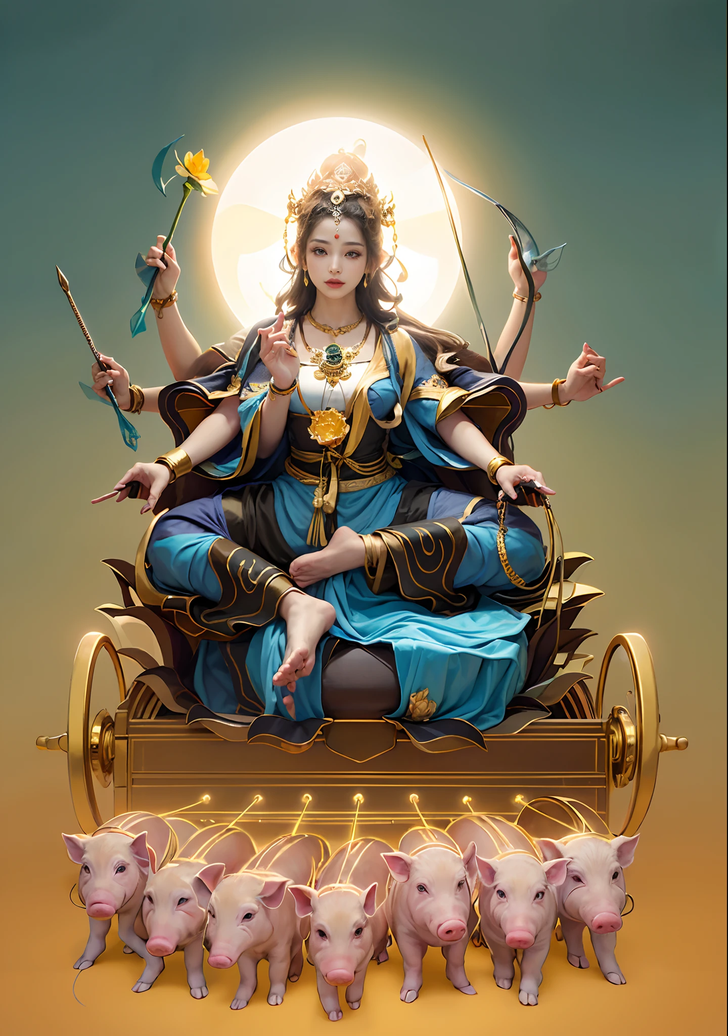 Beautiful woman sitting in a golden car, (((Golden lotus throne)))，The woman wears a light blue dress，Light blue pants，(((Head background with round light)))，(((Behind it is the sun)))，(((Women emit bright and dazzling blue light)))，Women have three heads，In total, The arm has eight mudras，Take all kinds of metal weapons，Barefoot on both feet，There are seven piglets pulling carts in front，goddess of love and peace, indian goddess of wealth, Heavenly Bodhisattva, goddess art, goddess of wisdom, an ancient Chinese goddess，photorealestic，professional photoshooting，Realiy，超高分辨率，tmasterpiece，