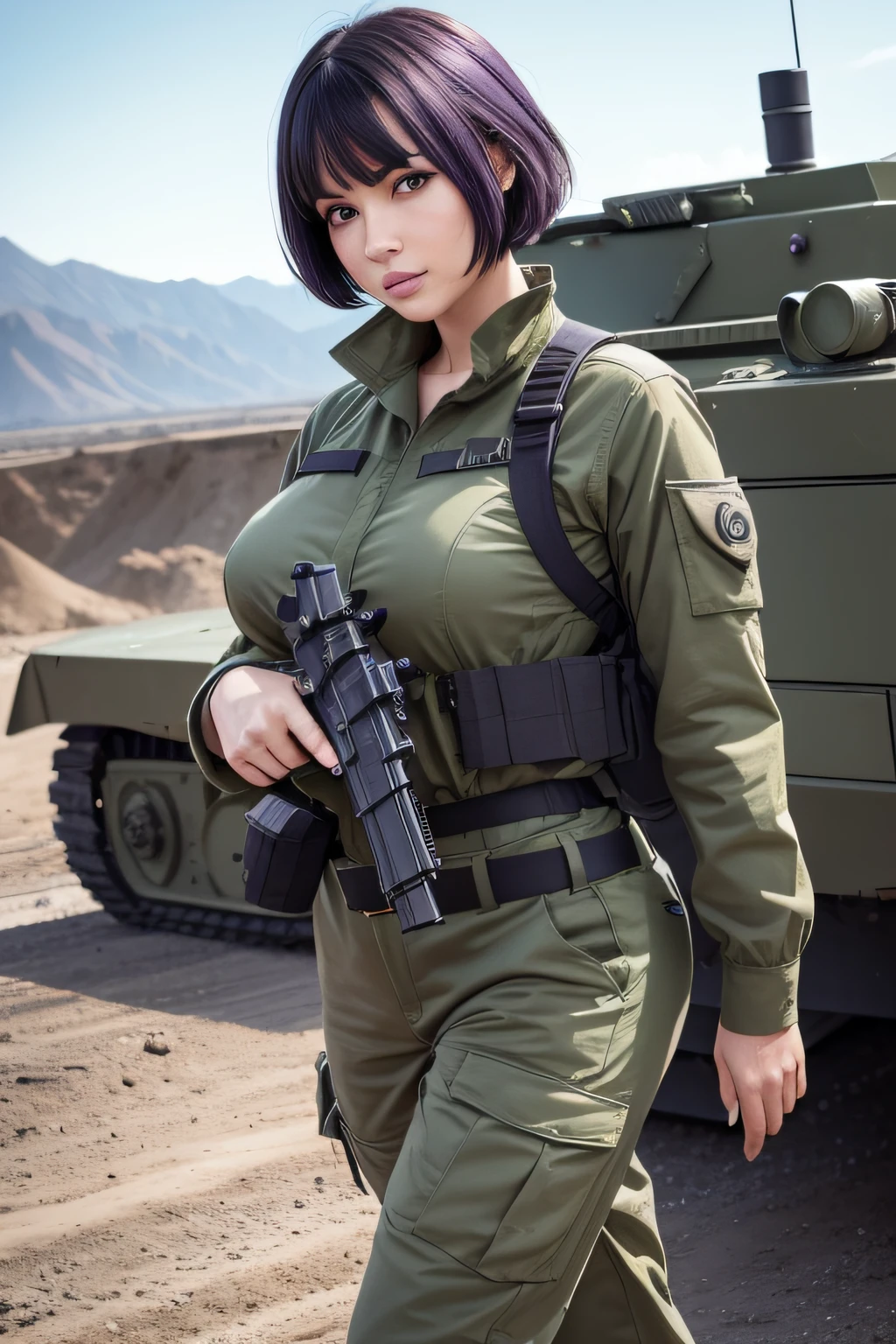 illustration, ((best work)), ((very detailed))l, beautiful woman, short black hair (purple:1.2), green eyes, medium breasts, army uniform, camouflage green, trousers, army equipment, machine gun m_16 ,standby position, unreal machine, perfect body anatomy, big thighs, background, post war, broken roads, collapsed buildings, complicated, ultra hd, highly detailed, realistic, 8k resolution