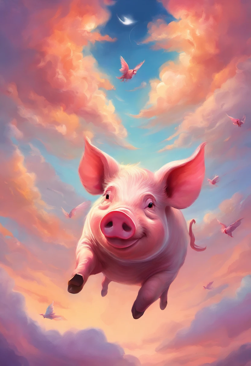 A pig flies in the sky,pigs ,​​clouds,Brilliant colors,Colorful,wings,Young and energetic,Flying ham,Flying pigs ,Look up,Master composition,