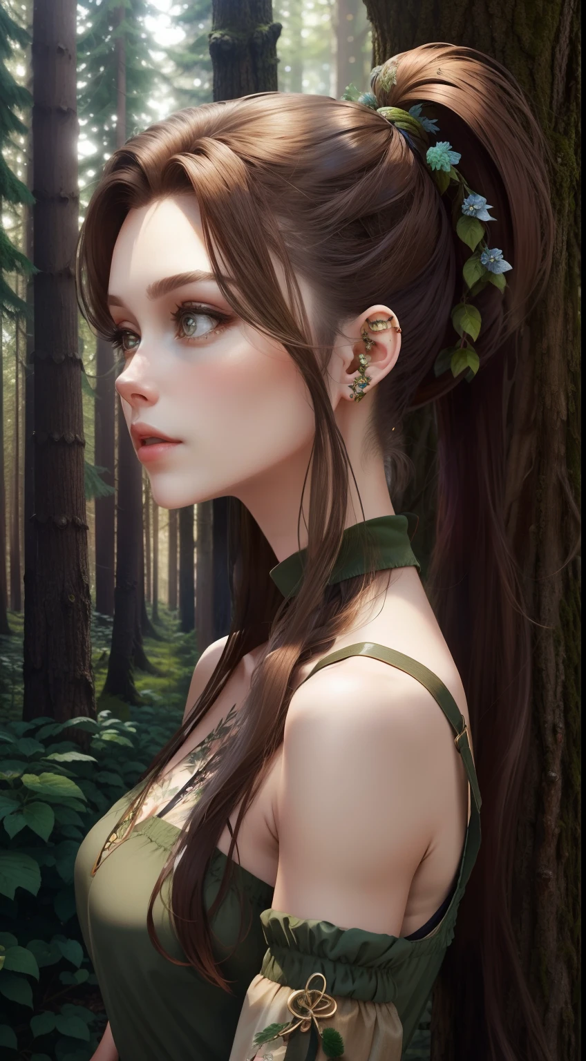 brunette color hair,High ponytail,Real person 1:1,Forest Maiden