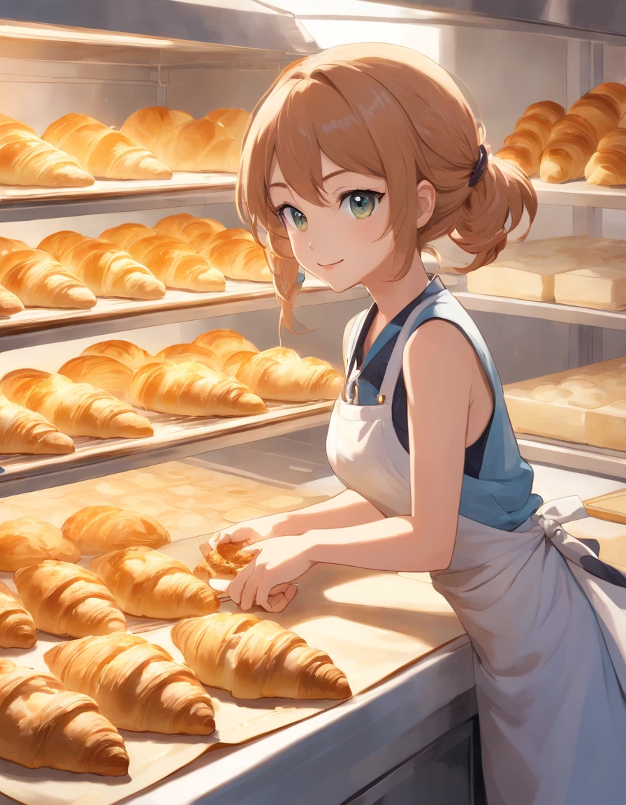 nekomimi,Baseball hat,Sleeveless Baseball Uniforms,A talented baker who meticulously forms the best dough for flaky pastries. The image is、Shows a well-equipped bakery with stainless steel countertops and a set of baking tools. baker, Young with a radiant smile々Shishi Woman, Roll out the dough with a wooden rolling pin, Show off her expertise. The aroma of baked food fills the air. In the background、Trays of golden croissants and delicately woven Danish pastries are chilled on racks. This photo is、Encapsulates the precision and skills required for the art of pastry making. photographed:Claire Ptak, A renowned pastry chef specializing in natural and seasonal ingredients