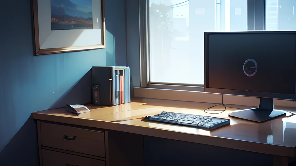 In front of the window there is a computer desk with a monitor and keyboard,Relaxing concept art,interior background art,8k high quality detail art,Anime background art,ufotable studio art style,personal room background,cinematic matte illustration,atey ghailan 8 k,cartoon moody scene,Loepfe Art Style,Relaxing environment,((A person sits at a desk,looking at monitor,Turn your back to the lens,Face the back))