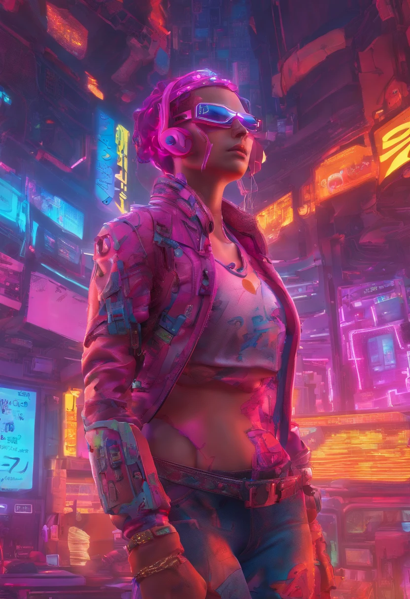 (Highly detailed: 1.2), (Canon EOS R6 Top Quality: 1.2), (8K: 1.0), (EMB-RRF-LOW: 1.0), (There is a lot of large black tattoo of an open cybernetic head in the center、Shows the interior, Detailed face, Wearing high-tech sunglasses with ultra-detailed eyes and holographic display 1.2), Sharp Focus (award - winning photo: 1.2), (Subsurface scatter: 1.2), (Subsurface scatter: 1.2). 1.1) (Beautiful ultra-detailed cyborg: 1.2), ( ultra-detailed hair: 1.2), (Great body: 1.2), (Full body: 1.2), (Dynamic posture :1.2), Neon glow, (detailed cybernetic eyes:1.1), close-up (hyper realisitic:1.2), RPG, Cyberpunk 2077 Style, Dramatic Lighting, (Highly detailed futuristic cityscape:1.2), (科幻小说: 1.2). 1.2), professional portrait photo, WLOP Gregg Rutkowski Jeffrey Simpson Alphonse Mucha、pink there