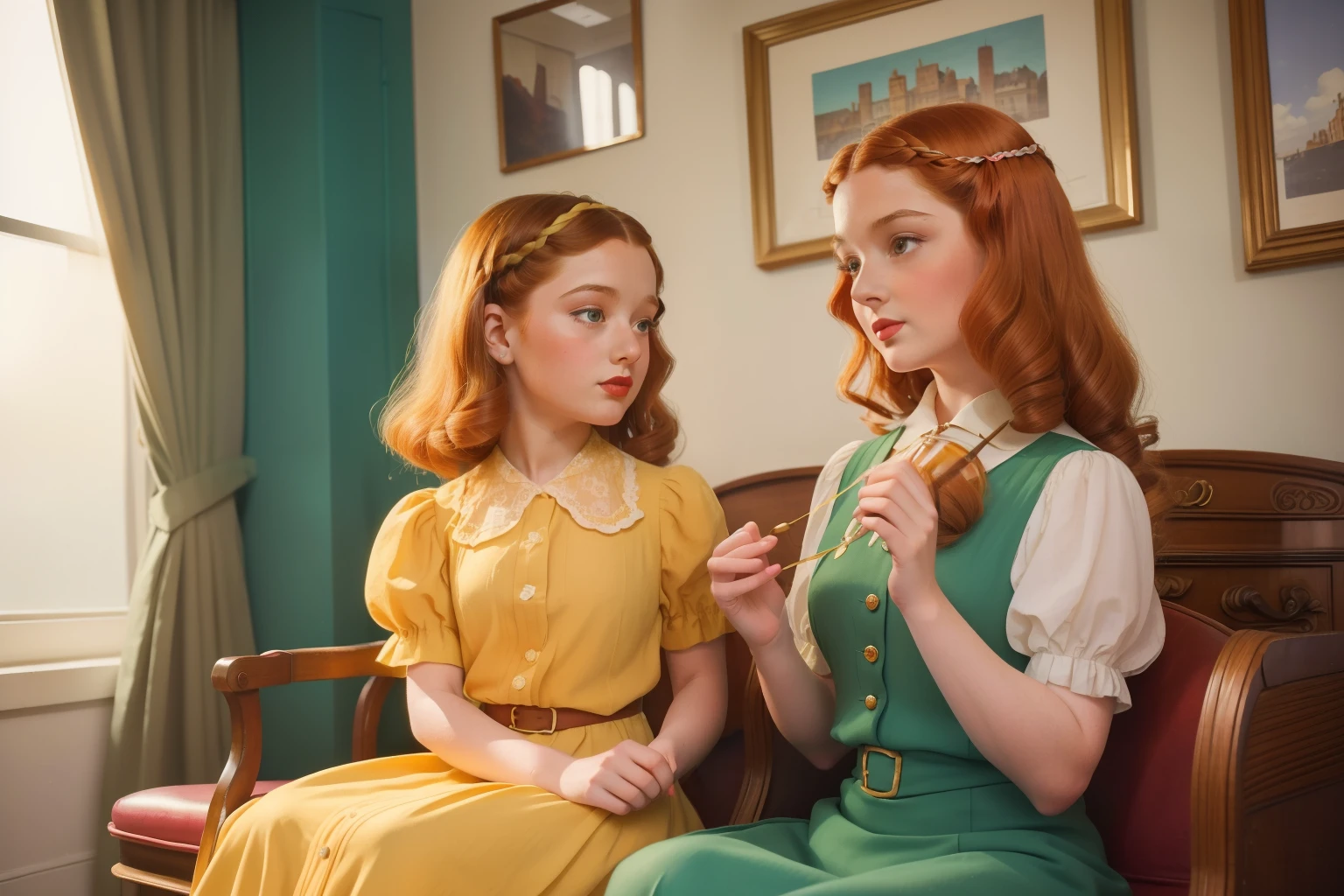 Year: 1946. Location: New York. pre-raphaelite frenchwoman with honey hair, and her 8-year-old daughter, ((nostalgia)), whimsical ecclectic appartment, ((1940s colorful modern summer clothes)) ((1940s hairstyle)) ((in the style of "OMITB")) ((cinematic style))