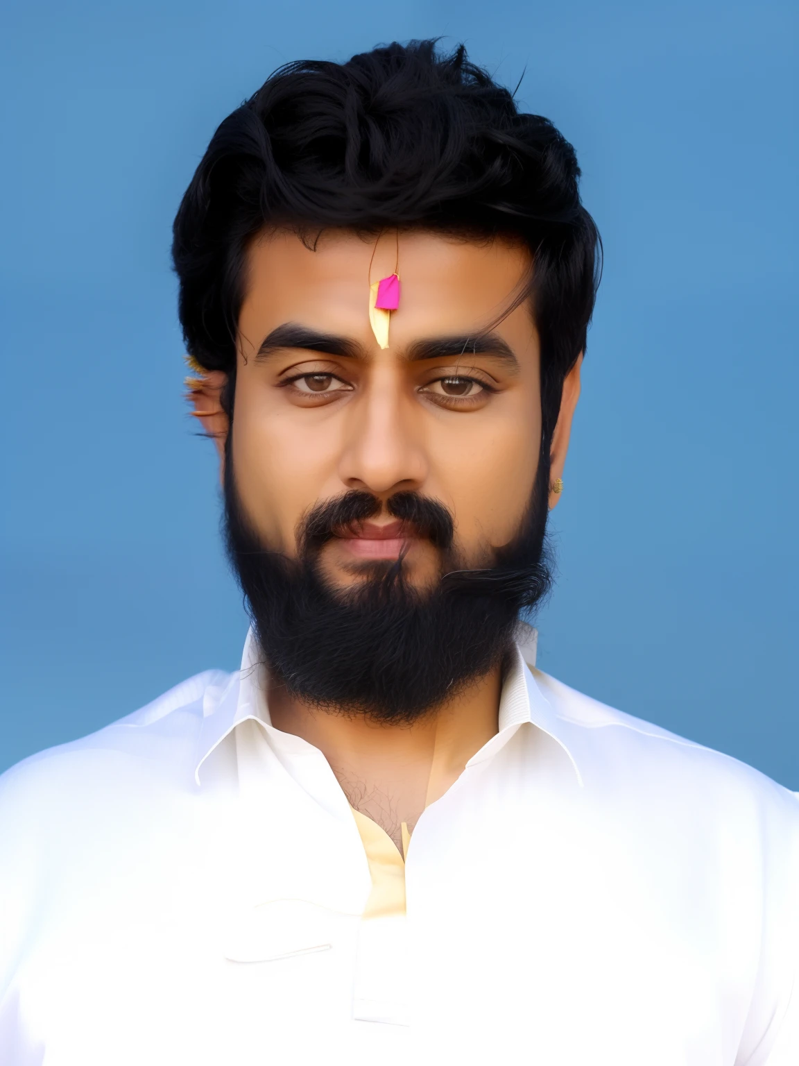 there is a man standing in the grass with a banana in his hand, wearing a silk kurta, wearing traditional garb, wearing a kurta, with yellow cloths, inspired by Odhise Paskali, wearing an elegant tribal outfit, wearing off - white style, dressed with long fluent clothes, inspired by Thota Vaikuntham, traditional clothes