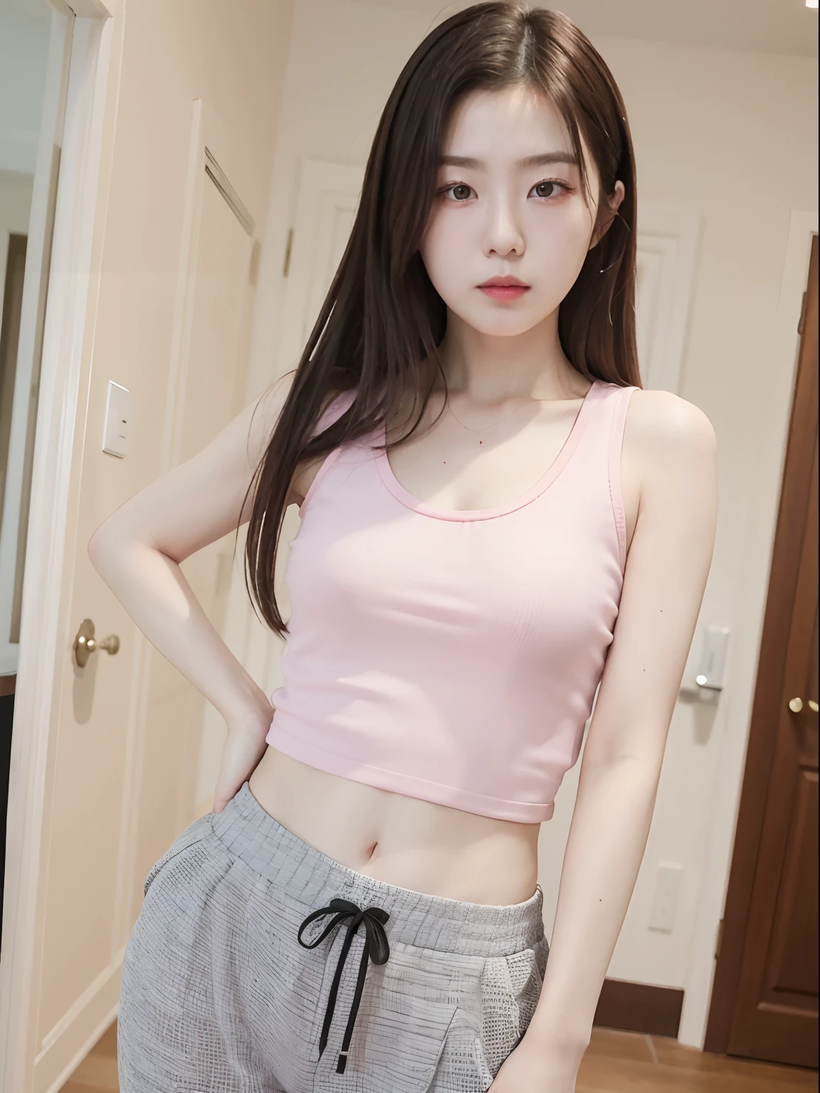 (Small underboob,Tomboyish,small heads)), (perfect bodies: 1.1), (shoulder length straight short hair: 1.2),attractive collarbone，（极其细致的CG 8k壁纸），（Extremely refined and beautiful），（tmasterpiece），（best qualtiy：1.0），（超高分辨率：1.0）,upper body，[A high resolution]，cheerfulness，smile，Smooth and flawless fair skin，ultra - detailed ，Elongated legs，（Small breasts:1.1),Flat chest,underboob,Slim，emaciated，(light pink purple Yoga Tank Top:1.5),collarbone,navel,Well-cut abdominal muscles,(black pantyhose:1.4),At home，in bedroom，pink background,Close shot,morning sunlight,(Sitting on the edge of a purple bed:1.4),(open mouth:1.2) ,(female orgasmic:1.3), (blush:1.3)，(head up:1.2),from front,cowboy shot,(sweat:1.6),(Portrait above chest level:1.3)