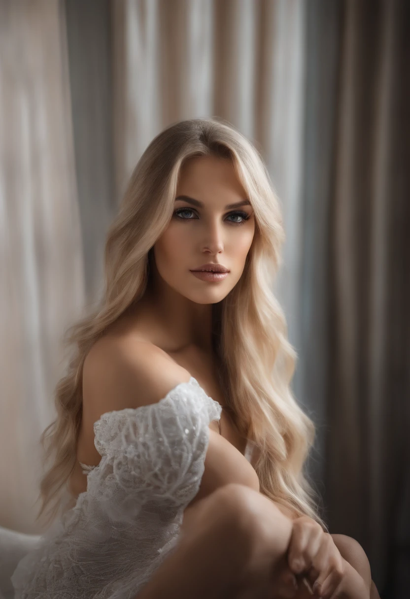 Gorgeous woman with extra long, gewellten blonden Haaren, detailed seductive eyes, langen sexy Beinen, komplett nackt, ((detailed facial features)), (fein detaillierte Haut), blasse Haut, realistische Hauttextur, extreme Hautdetails, (Poren: 0,1), im Hintergrund Schlafzimmer, Masterpiece of the best quality, fotorealistisch, hyperrealistisch, detailliert, 8k, HDR, (Weiche Farbe: 1,2), light depth of field, breites Licht, hoher Kontrast, Hintergrundbeleuchtung, Bloom, Lichtfunkeln, chromatische Aberration, scharfer Fokus, RAW-Farbfoto