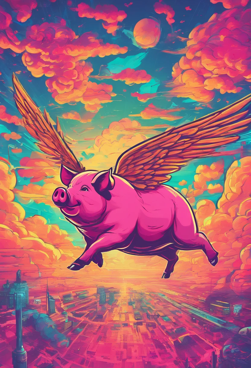 A pig flies in the sky,pigs ,clouds,Brilliant colors,Colorful,wings,Young and energetic,Flying ham,Flying pigs ,Look up,Master composition,
