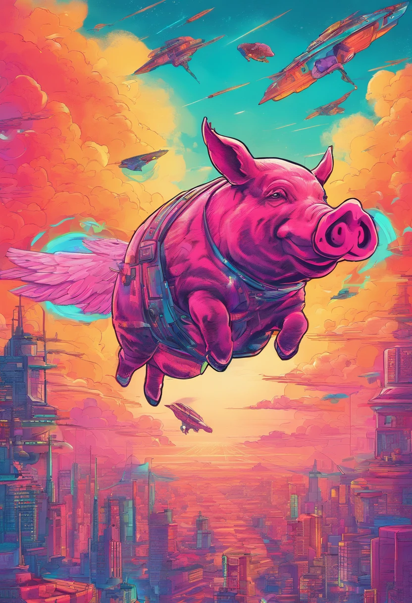 A pig flies in the sky,pigs ,​​clouds,Brilliant colors,Colorful,wings,Young and energetic,Flying ham,Flying pigs ,Look up,Master composition,