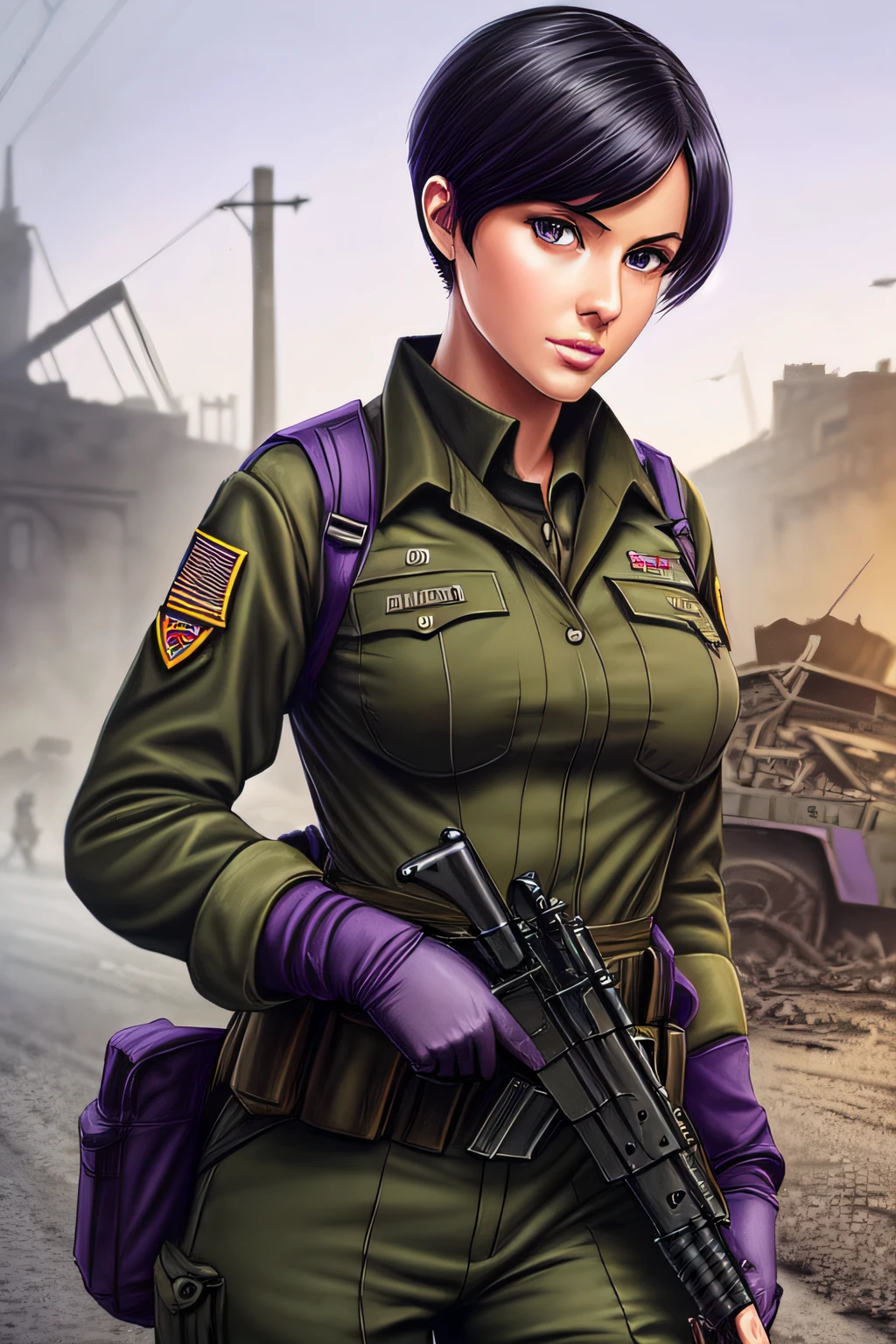 illustration, ((best work)), ((very detailed))l, beautiful woman, short black hair (purple:1.2), green eyes, medium breasts, army uniform, trousers, army equipment, m_16 machine gun under the chest, unreal machine , perfect body anatomy, big thighs, background, post war, broken roads, collapsed buildings, complicated, ultra hd, highly detailed, realistic, 8k resolution