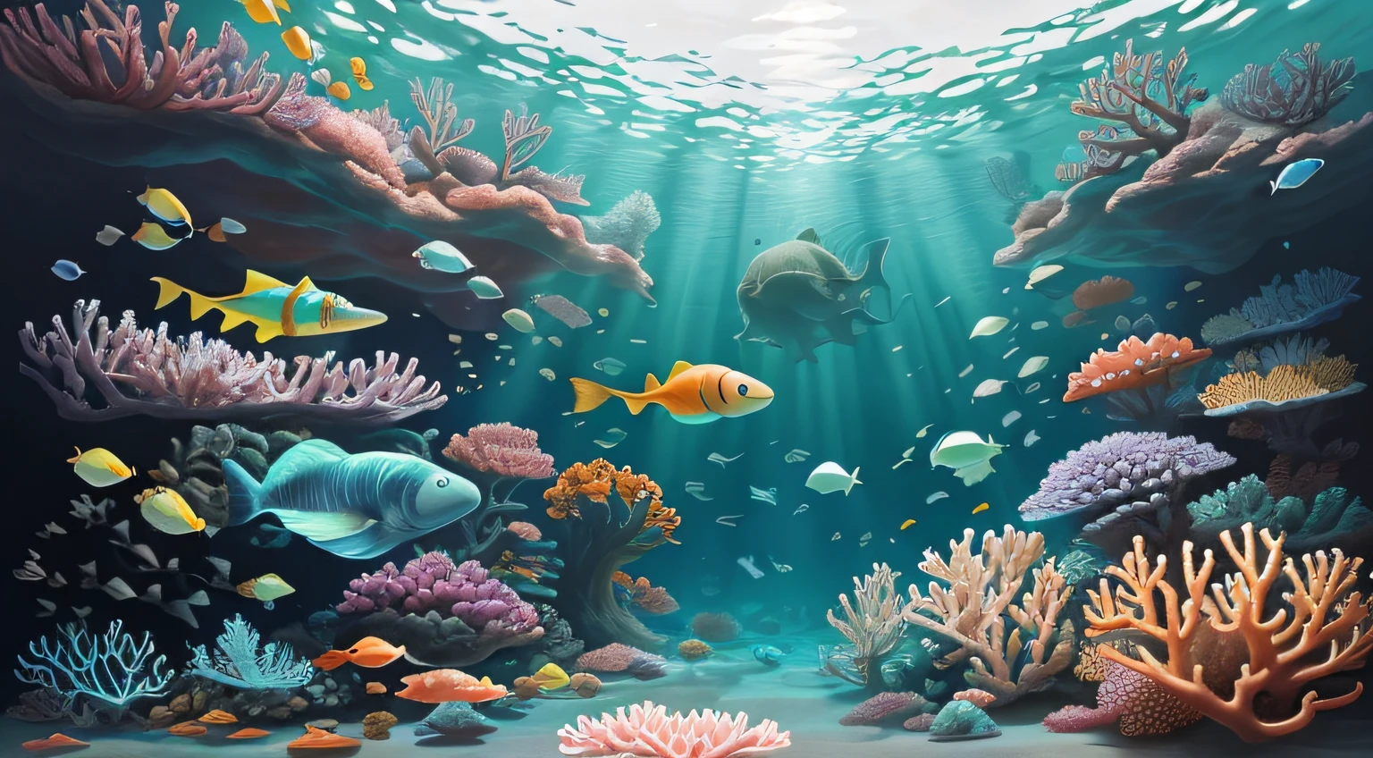 Fantastic underwater world with colorful coral reefs, Swimming fish and giant jellyfish