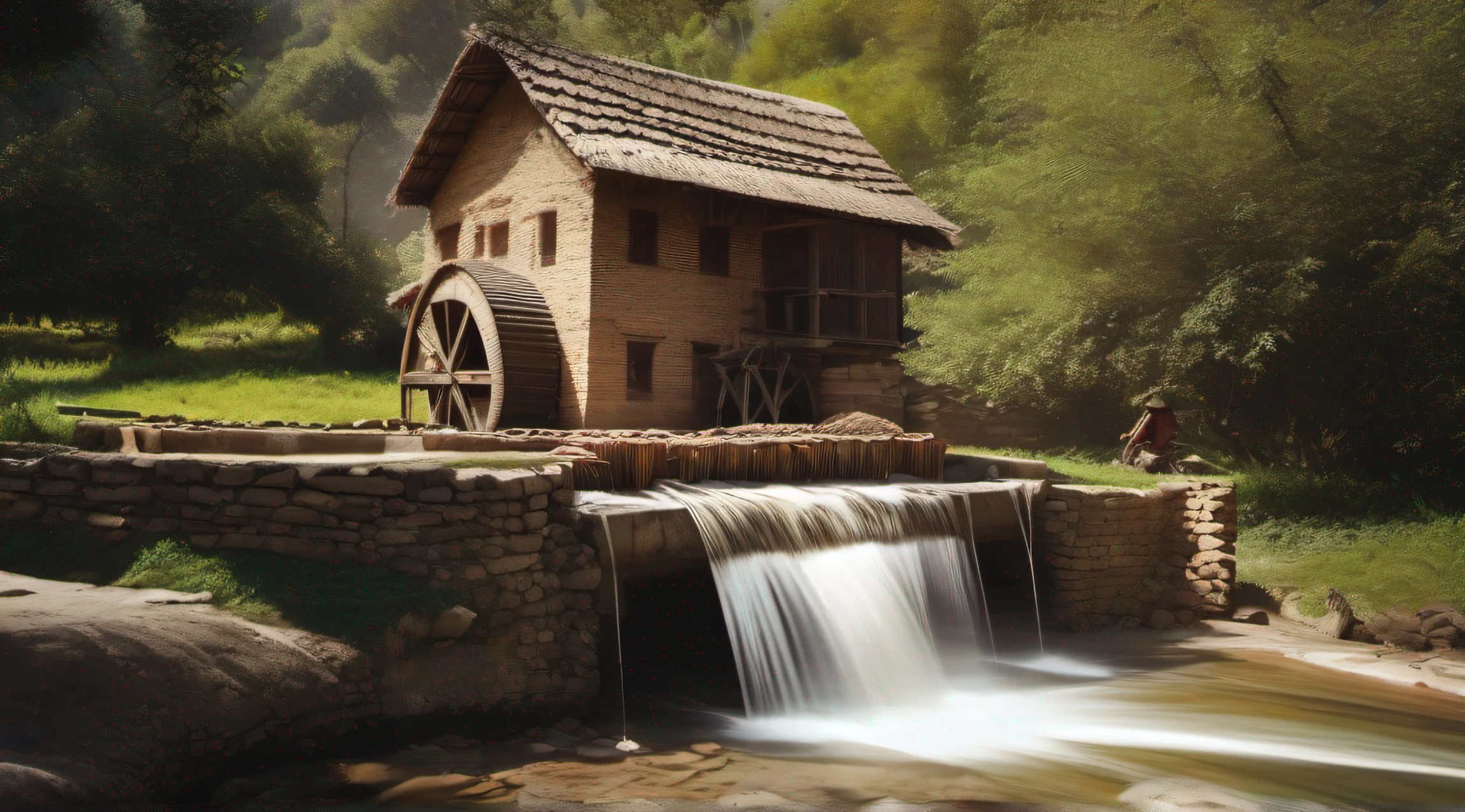 A water mill that is making flour by grinding grain near a stream in Nepal, which is made of stone.