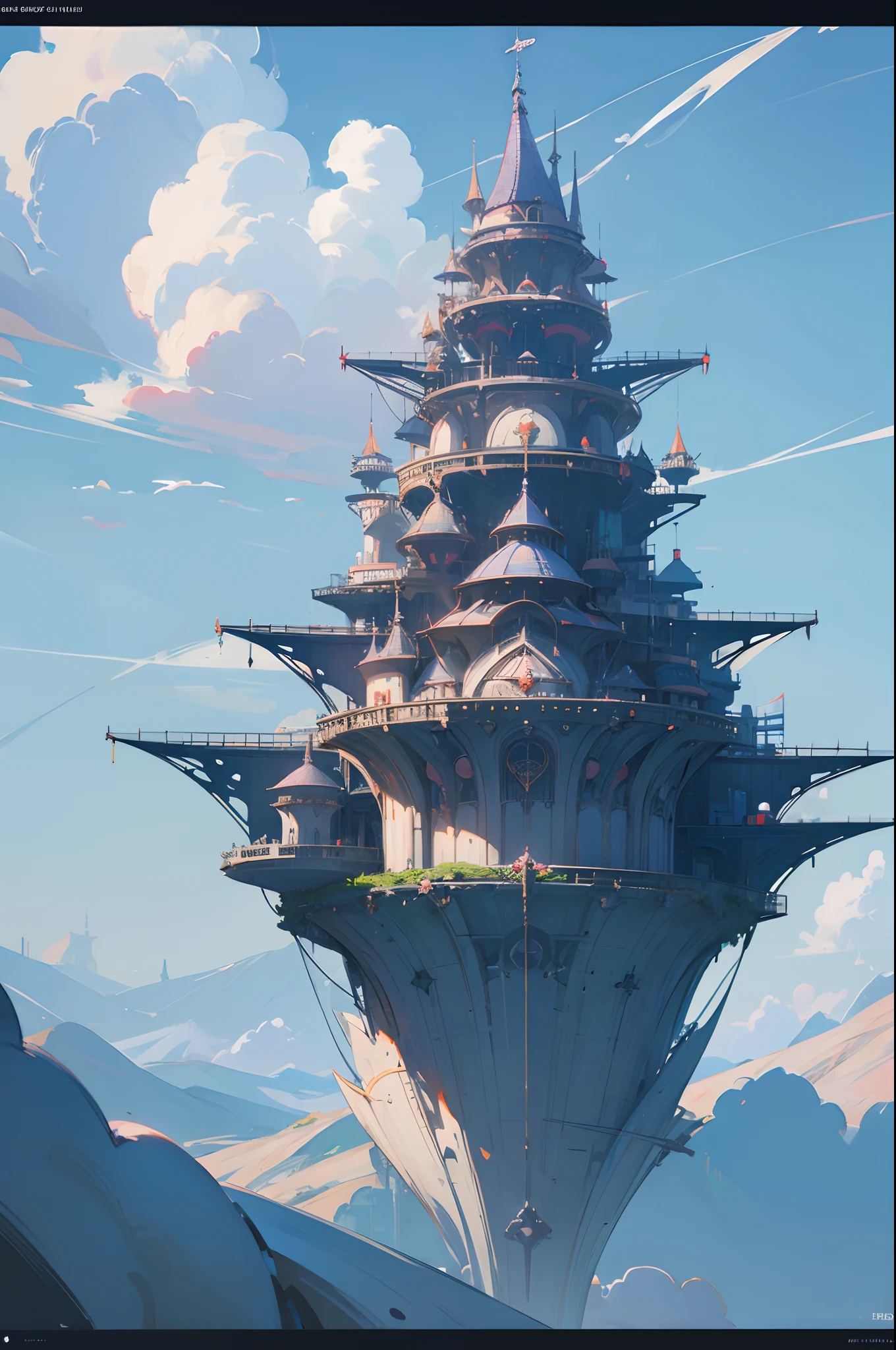 Sinister futuristic floating island suspended in the air, cities, fantasy, (villain hideout), (kawaii), cute, cute, anime style, technological, dark, funny, magical plant growth, extreme details, realistic light, blue sky, epic composition, (complex details), (complex design, ultra-details: 1.2), Art Station, (masterpiece, best quality), Ultra HD, 32k --v 6