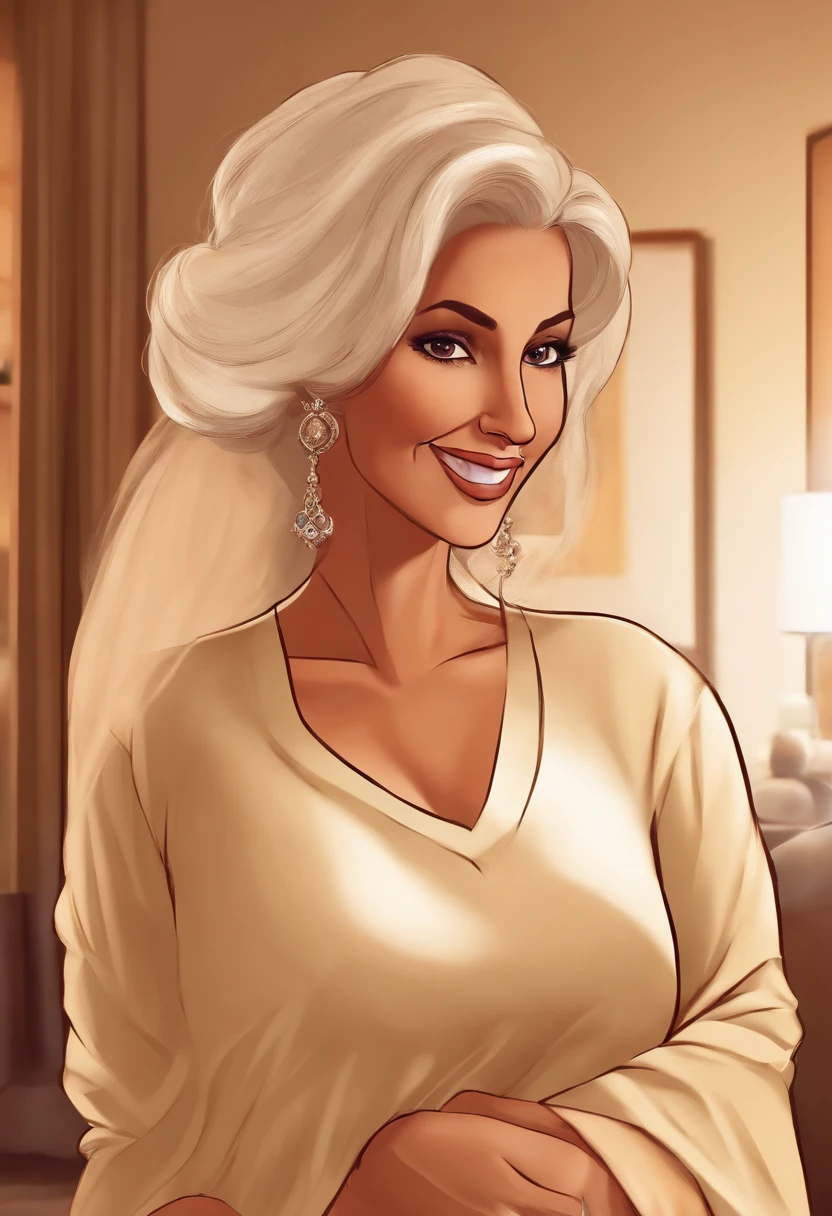an old arab tan mature teacher in her 40s flirting with you in a bedroom, smile, teasing sexy (hair down to her shoulders), panties, looking back