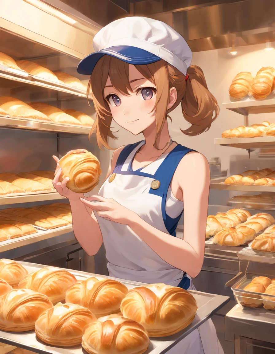 ((Nekomimi)),((Baseball hat)),((Sleeveless Baseball Uniforms)),A talented baker who meticulously forms the best dough for flaky pastries. The image is、Shows a well-equipped bakery with stainless steel countertops and a set of baking tools. Baker, Young man with radiant smile々Shishi Woman, Roll out the dough with a wooden rolling pin, Show off her expertise. The aroma of baked goods fills the air. In the background、Trays of golden croissants and delicately woven Danish pastries are chilled on racks. This photo is、Encapsulates the precision and skills required for the art of pastry making. photographed:Claire Ptak, A renowned pastry chef specializing in natural and seasonal ingredients