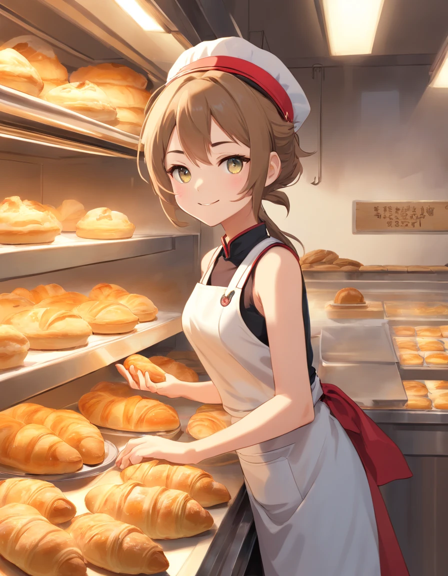 ((Nekomimi)),((Baseball hat)),((Sleeveless Baseball Uniforms)),A talented baker who meticulously forms the best dough for flaky pastries. The image is、Shows a well-equipped bakery with stainless steel countertops and a set of baking tools. Baker, Young man with radiant smile々Shishi Woman, Roll out the dough with a wooden rolling pin, Show off her expertise. The aroma of baked goods fills the air. In the background、Trays of golden croissants and delicately woven Danish pastries are chilled on racks. This photo is、Encapsulates the precision and skills required for the art of pastry making. photographed:Claire Ptak, A renowned pastry chef specializing in natural and seasonal ingredients