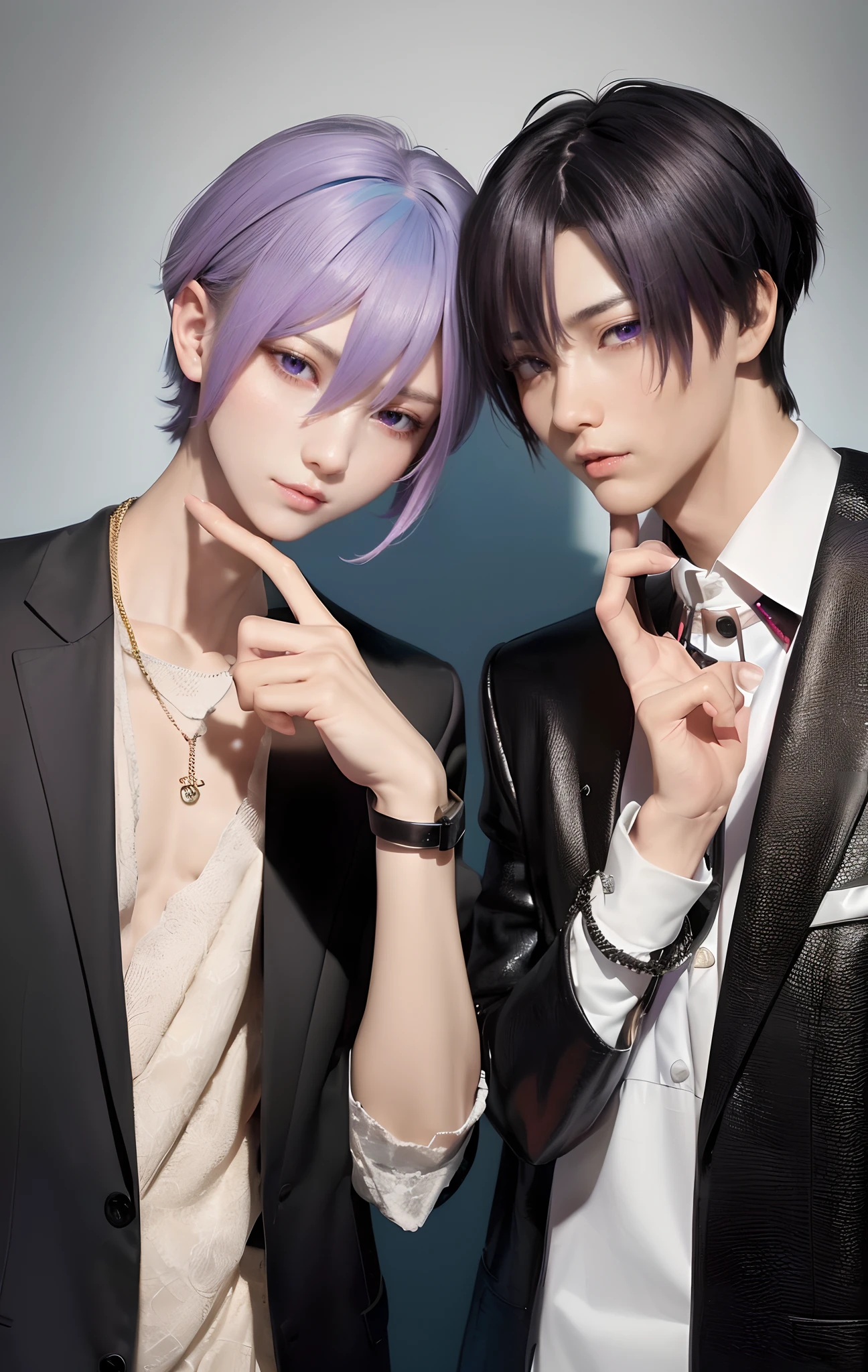 ​masterpiece, top-quality, 2Others, ((Male couple)), 1 man and 1,, Adults, Height difference, different fashion, different color, finely eye and detailed face, intricate detailes, Casual clothing, Oversized shirt, Modern urban streets, A smile, Happiness, tenderness, queers, high-level image quality、 ((Two beautiful men))、tall、The upper part of the body、nightfall、nighttime scene、𝓡𝓸𝓶𝓪𝓷𝓽𝓲𝓬、Two Men Kissing, Korean Male, Idol Photos, k pop, Professional Photos, Vampires, Korean fashion in black and white, Fedoman with necklace, inspired by Sim Sa-jeong, androgynous vampire, :9 detailed face: 8, extra detailed face, detailed punk hair, ((eyes are brown)) baggy eyes, Seductive. Highly detailed, semi realistic anime, Vampires, hyperrealistic teen, delicate androgynous prince, imvu, short hair above the ears, Man with short hair, ((Purple-haired man with a glaring expression and a man with light blue hair with a gentle expression)), ((With a short-haired man with bright purple hair)), ((Man with light blue hair)), kiss together, Kissing each other, ((Two people))