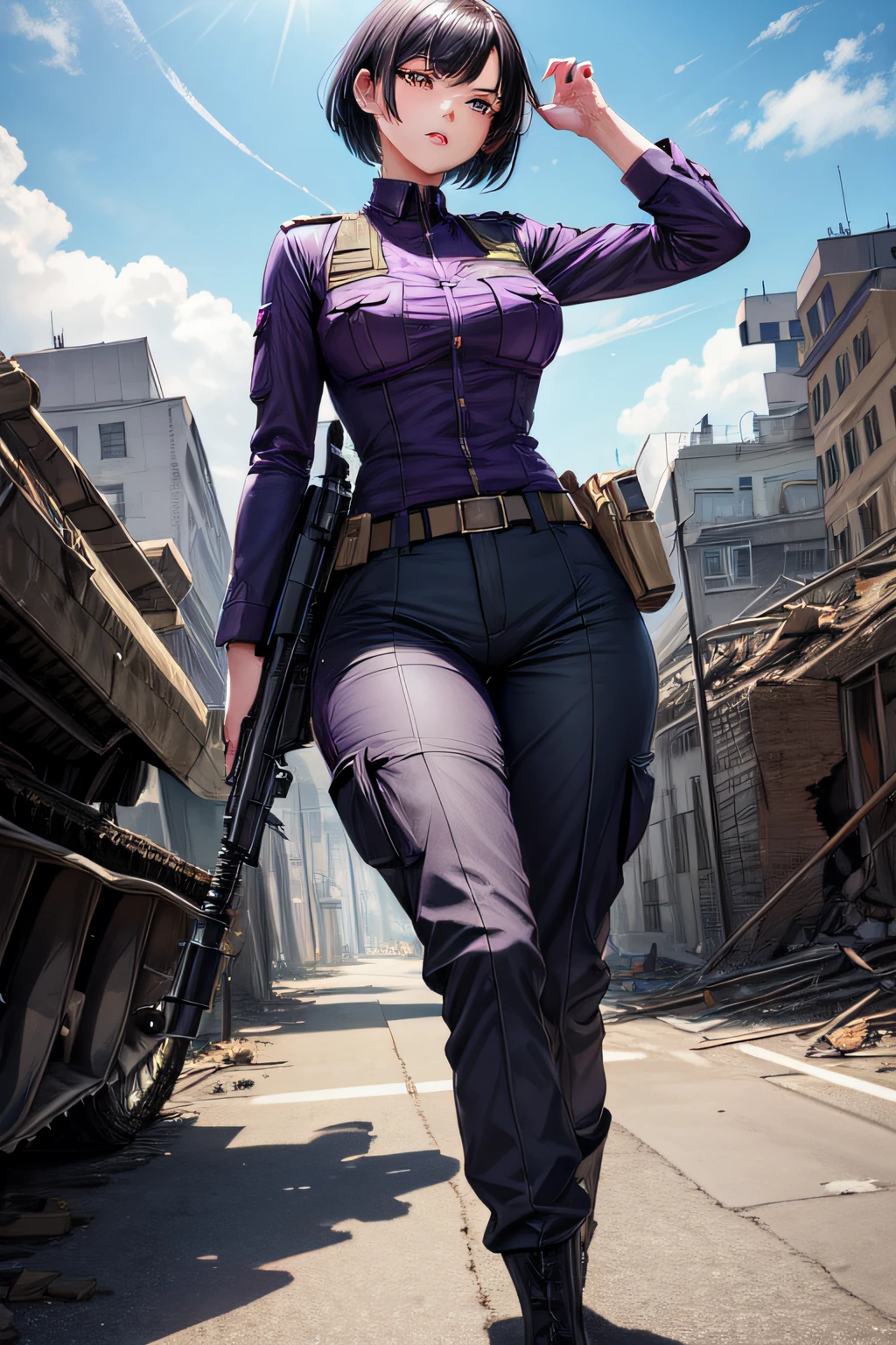 illustration, ((best work)), ((very detailed))l, beautiful woman, short black hair (purple:1.2), green eyes, medium breasts, army uniform, trousers, army equipment, m_16 machine gun, machine no real , perfect body anatomy, big thighs, background, post war, broken roads, collapsed buildings, complicated, ultra hd, highly detailed, realistic, 8k resolution