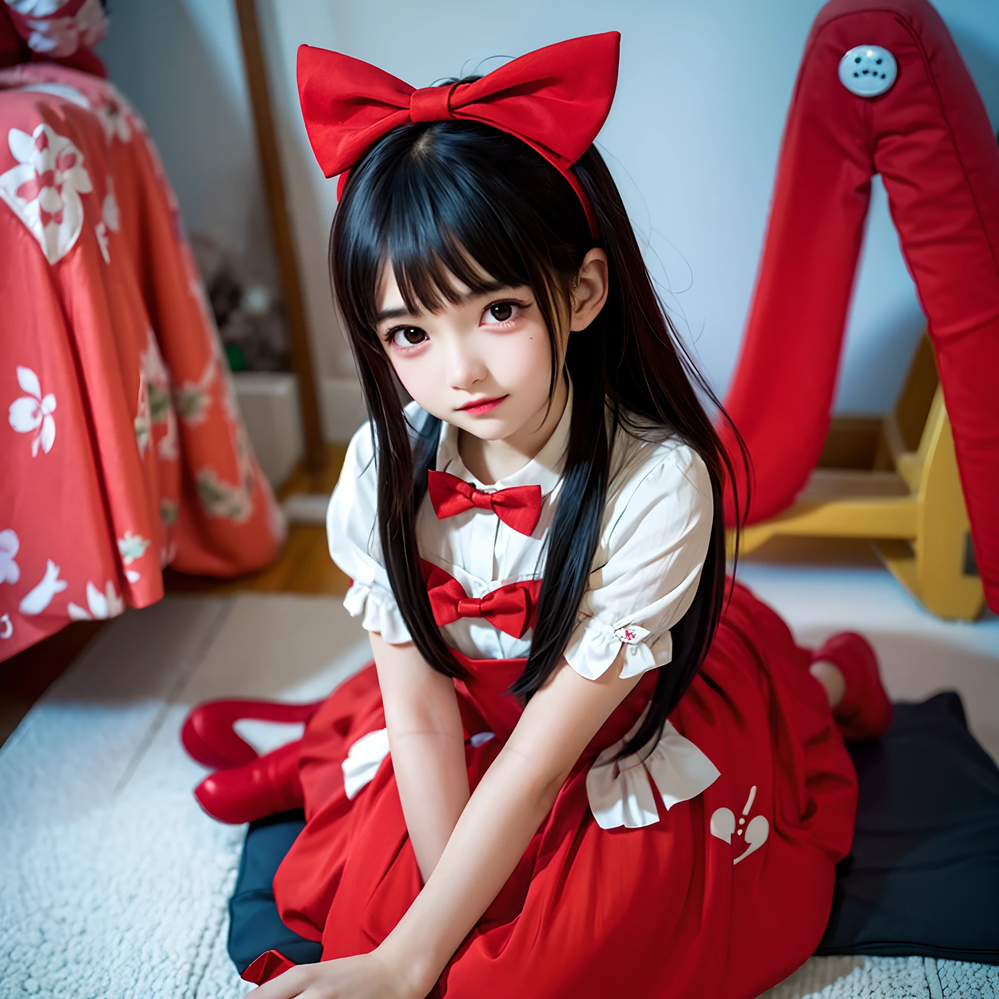 Anime girl in white dress with red bow and knife, nagatoro, shikamimi, iwakura lain, anime moe art style, yuyushiki, Smooth Anime CG Art, Realistic Schoolgirl, Anime visuals of cute girls, Shirabii, nishimiya shouko, Ecchi anime style, ssmile