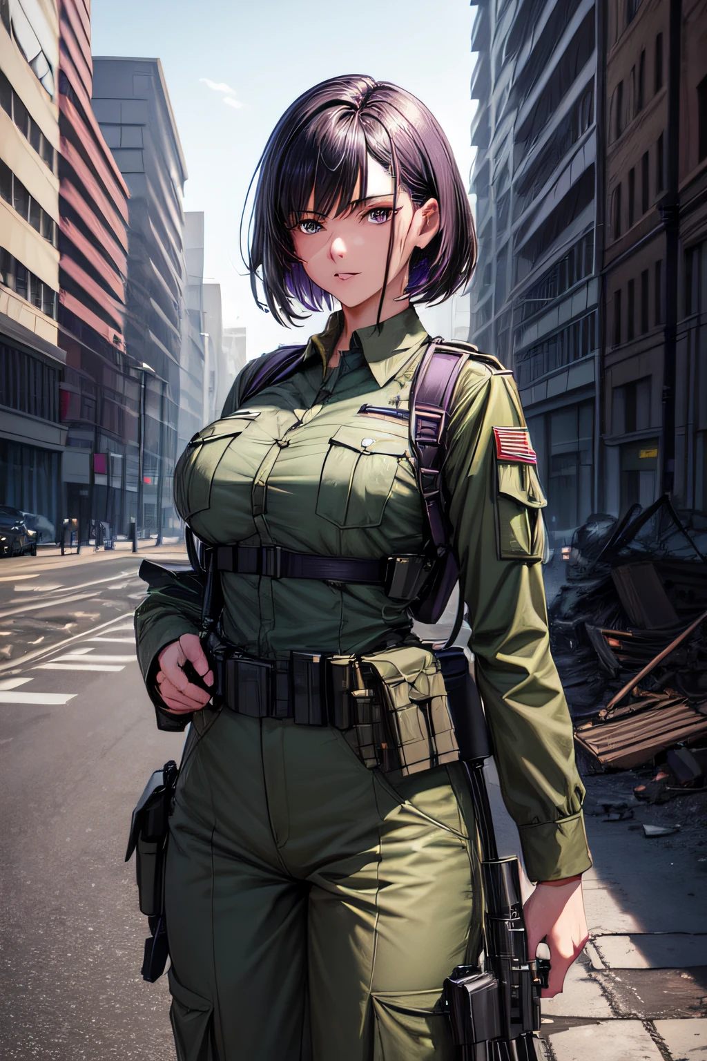 illustration, ((best work)), ((very detailed))l, beautiful woman, short black hair (purple:1.2), green eyes, medium breasts, army uniform, trousers, army equipment, m_16 machine gun, machine no real , perfect body anatomy, big thighs, background, post war, broken roads, collapsed buildings, complicated, ultra hd, highly detailed, realistic, 8k resolution