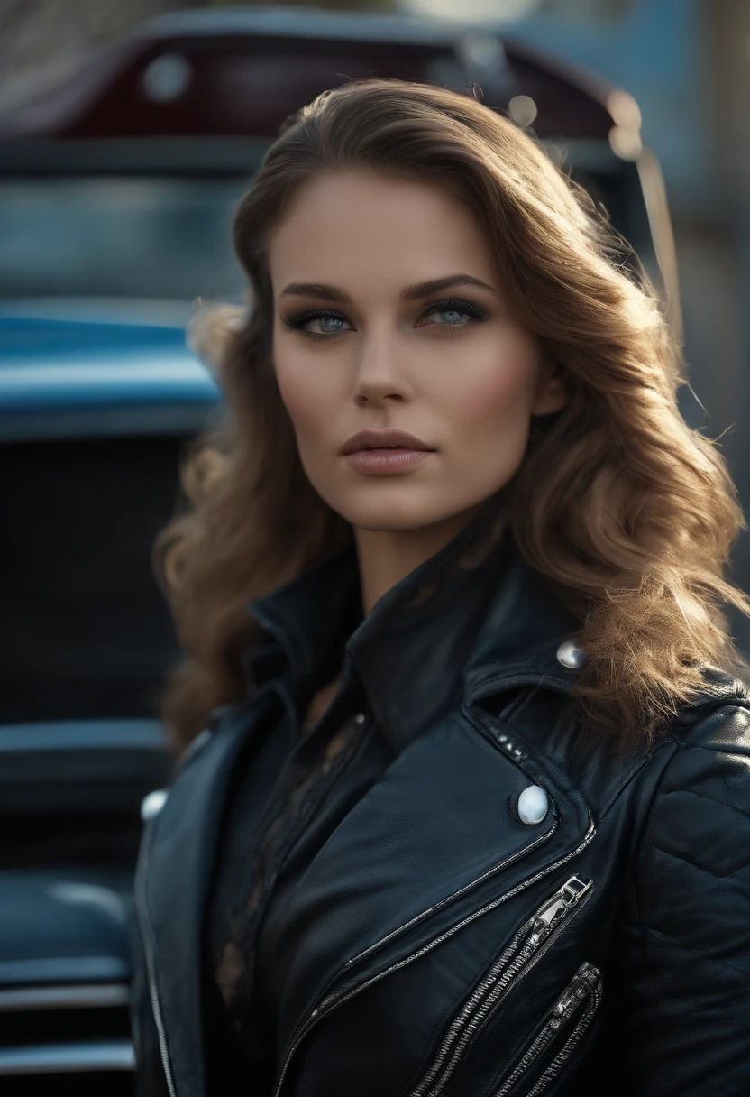 (black riders jacket:1.1), (masterpiece, best quality, pretty girl, beautiful face, 8k, raw photo, photorealistic, absurdres:1.2), teens, cowboy shot, dutch angle, facelight, film grain, chromatic aberration, highres, ultra detailed, finely detail, light blue frilled lace dress, detailed skin and eyes and face, sharp pupils, realistic pupils, sharp focus, street