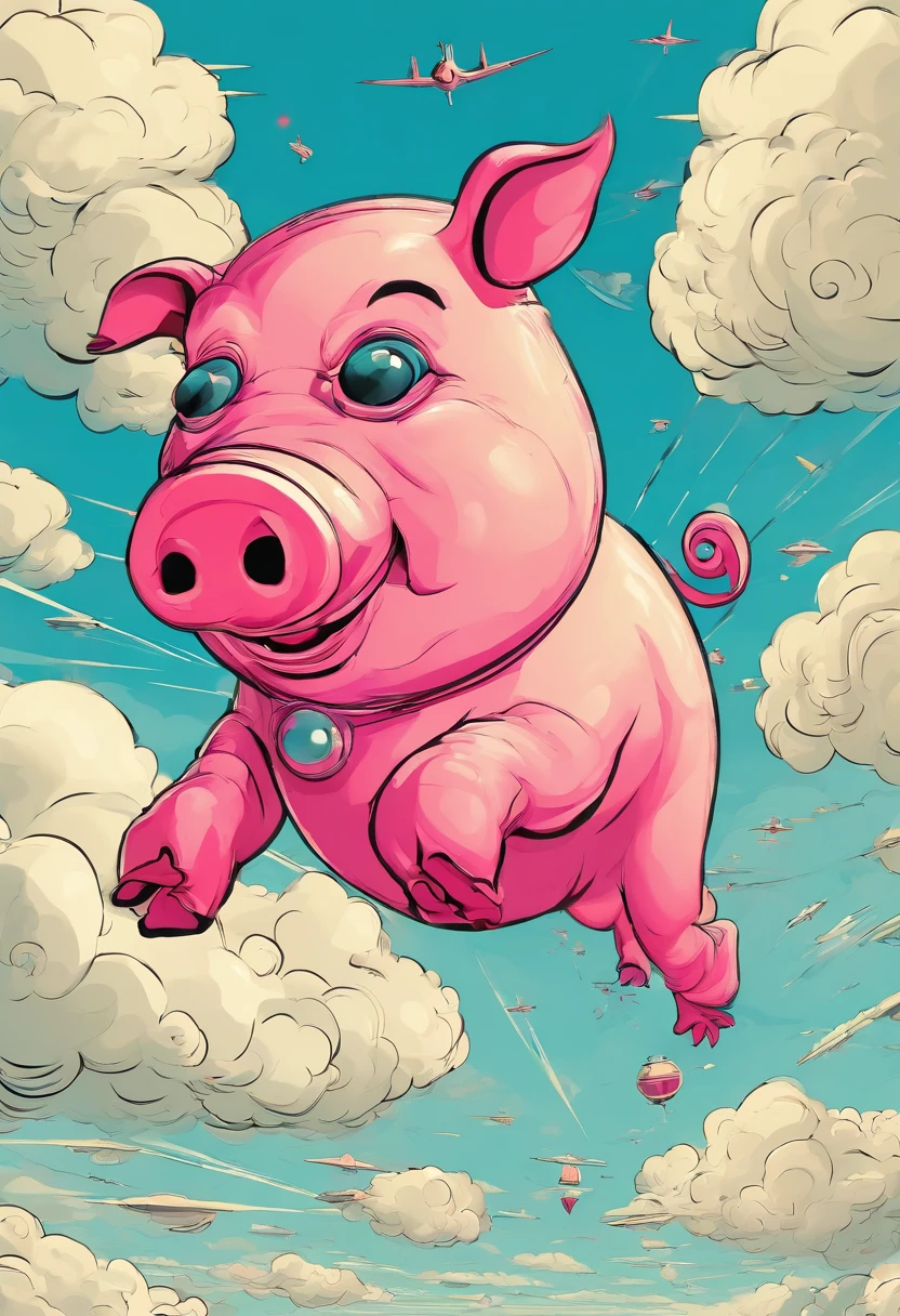 A pig flies in the sky,pigs ,clouds,Brilliant colors,Colorful,Wings,Young and energetic,Flying ham,Flying pigs ,Look up,Master composition,