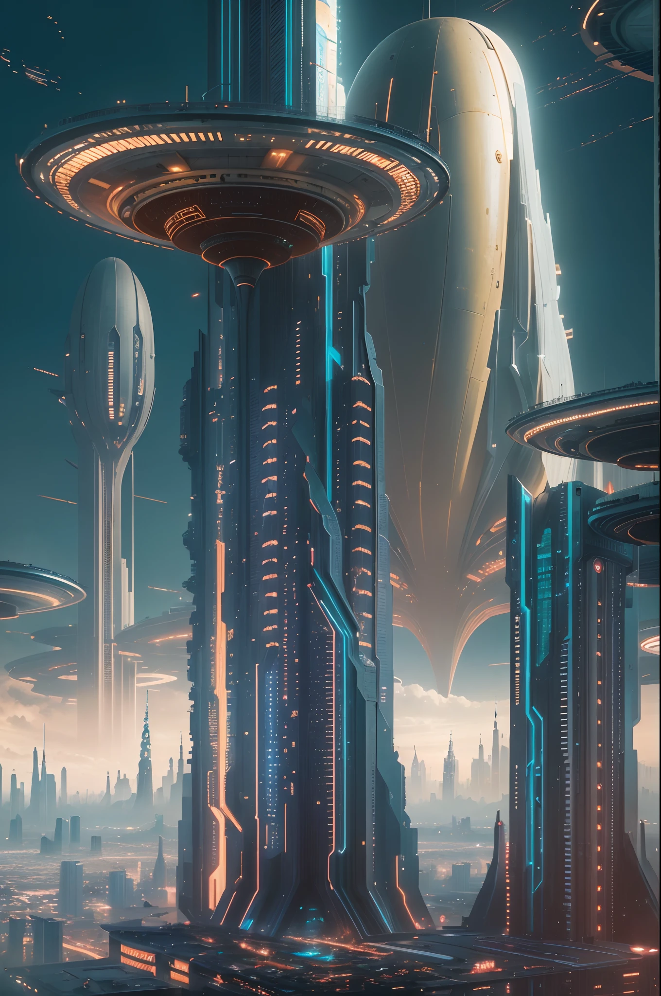 (Best quality, Masterpiece:1.2), afofuturism, The sky city of the 24th century))), skyscrapper, Around the bridge, Fantasy space, Hang flying saucers, heavenly body。utopian, cyber punk perssonage, Cubist Futurism, chiaroscuro, cinematic lighting, ray tracing, 4K, 8K