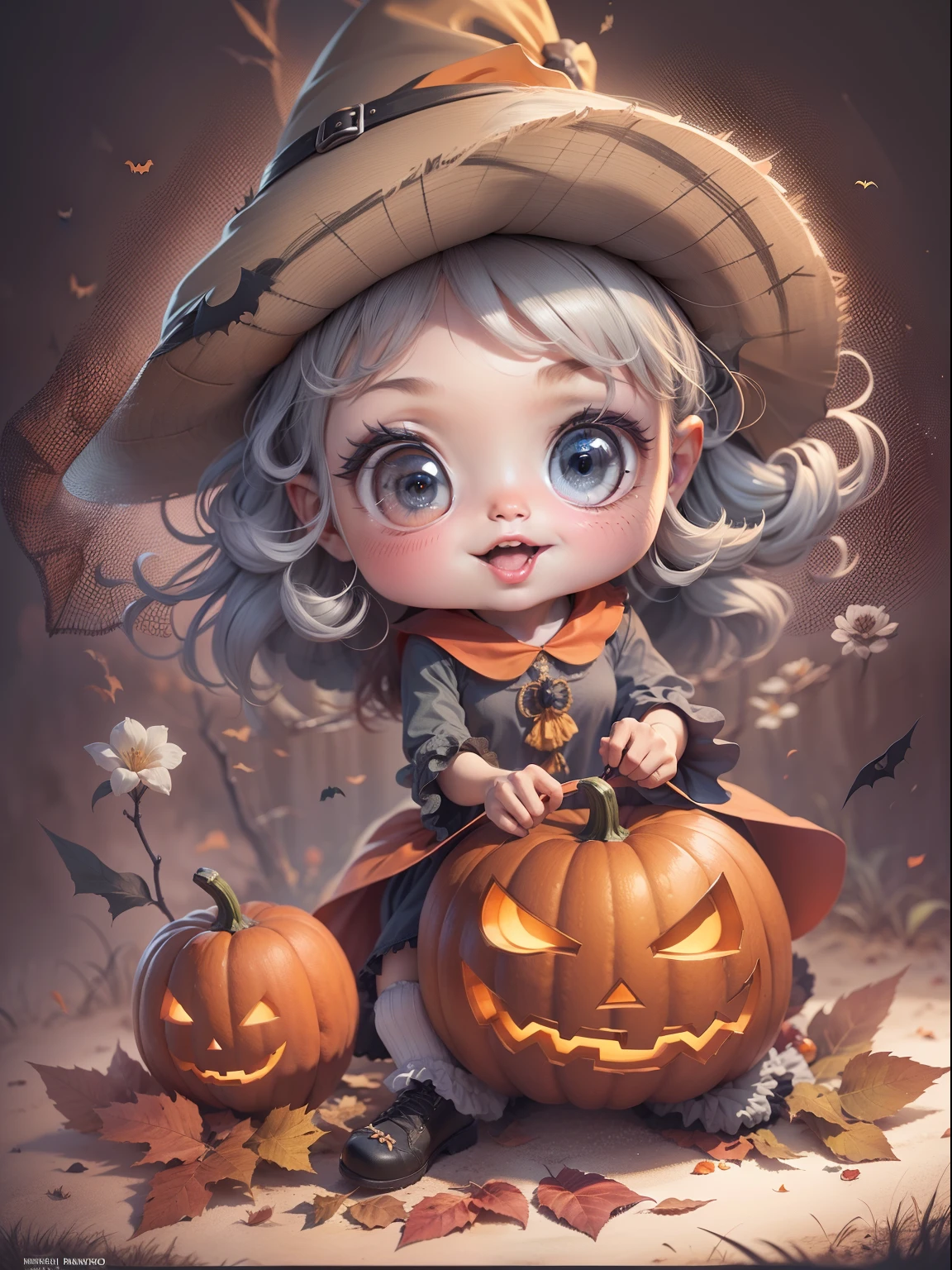 camiseta vetorial, Print-ready colored graphite, Illustration of a cute type Halloween witch, dia das bruxas, action shot, dia das bruxas, High detail, fundo branco