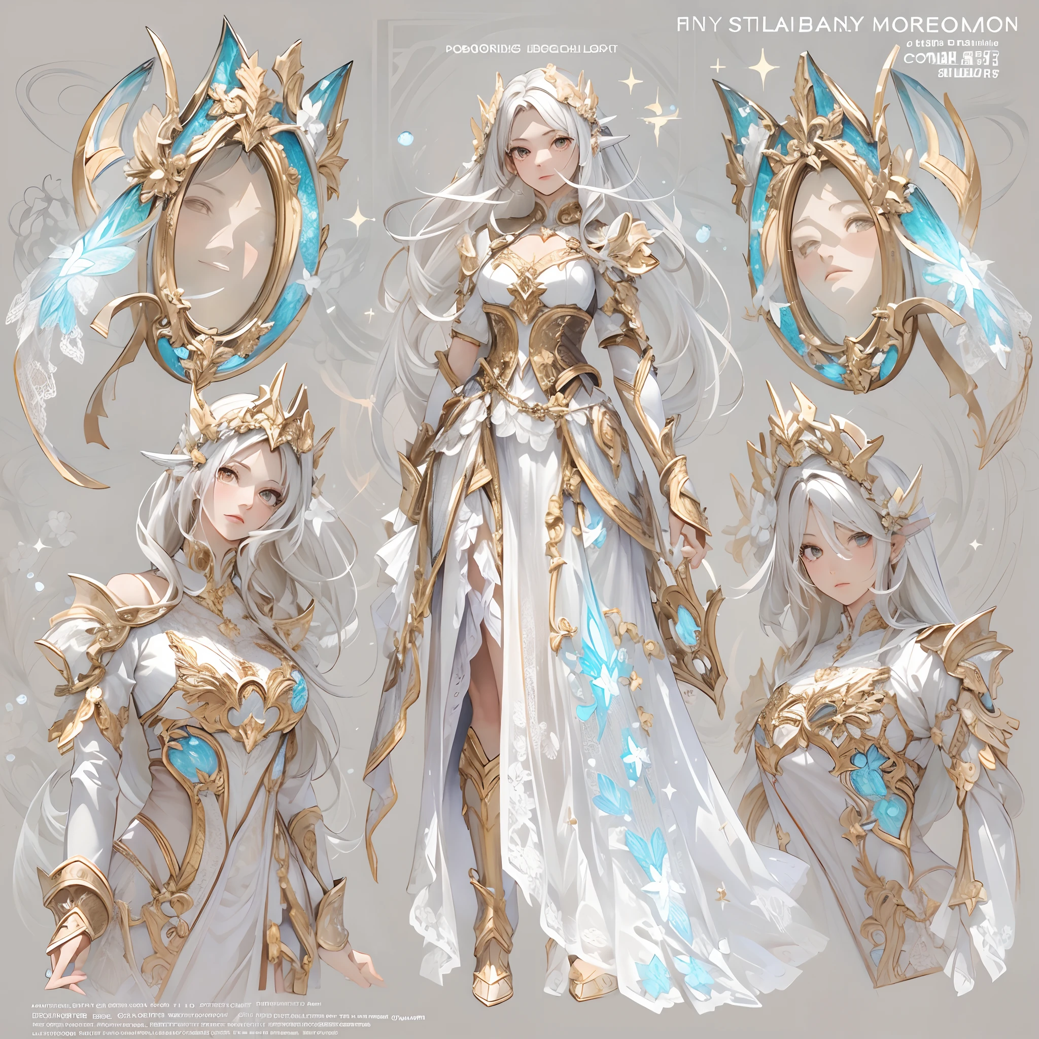 ((Masterpiece, Highest quality)), Detailed face, CharacterDesignSheet, full bodyesbian, Full of details, Multiple poses and expressions, Highly detailed, Depth, Many parts,white backgrounid,Beautiful paladin girl,singers,estilo fantasia,Holding a shield,mirrors,Extremely beautiful,Irridescent color,High Balance, Natural light, Lace,lacepantyhose,starrysky,Star decoration