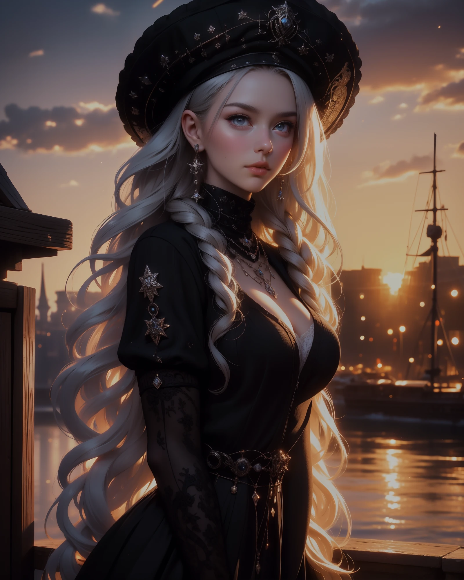 Medium shot, medium shot, depth of field, bust, upper body, cinematic angle, masterpiece, best quality, super detailed, CG, 8K wallpaper, pretty face, delicate eyes, a maiden, solo, white long hair, yellow eyes, hairpin, white shirt, black hooded jacket, black baseball cap, black stockings, black over-the-knee boots, sunset, medieval port, harbor, detailed water surface, sun reflection