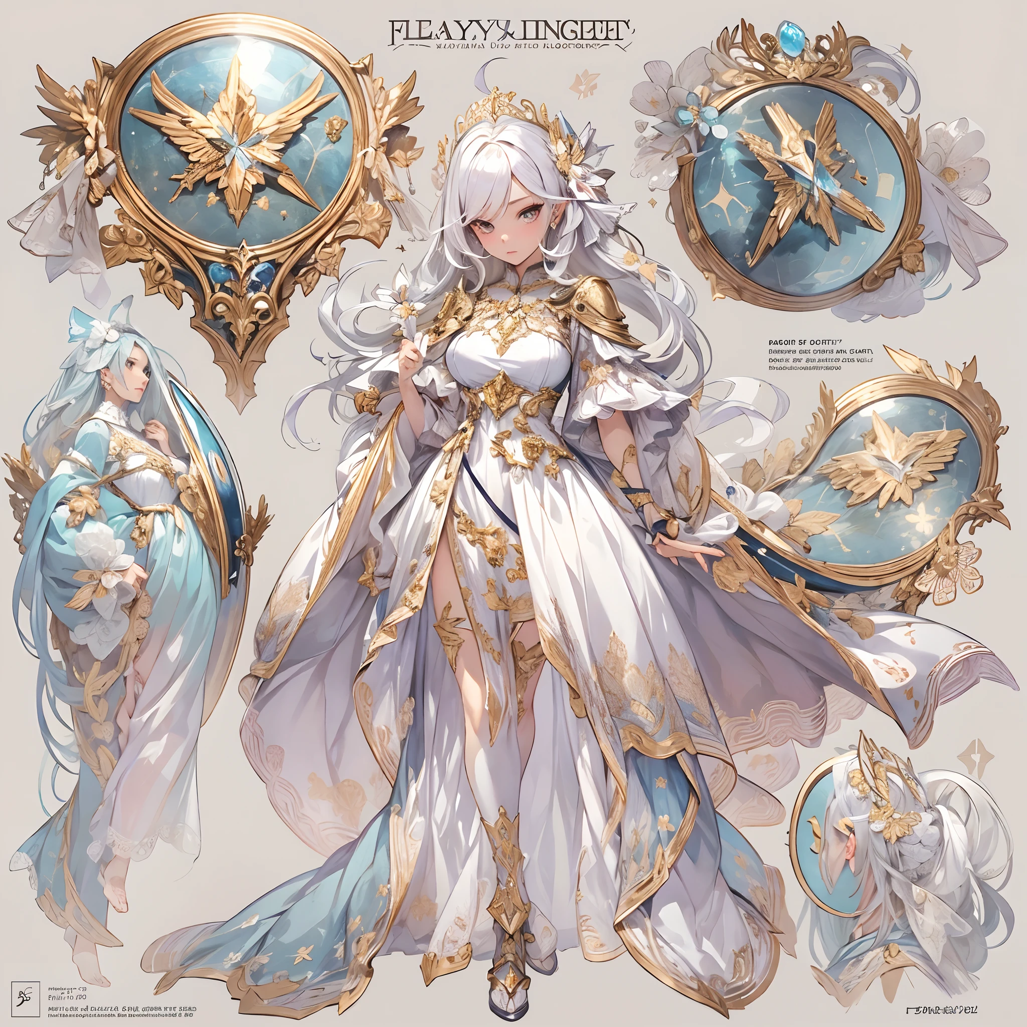 ((Masterpiece, Highest quality)), Detailed face, CharacterDesignSheet, full bodyesbian, Full of details, Multiple poses and expressions, Highly detailed, Depth, Many parts,white backgrounid,Beautiful paladin girl,singers,estilo fantasia,Holding a shield,mirrors,Extremely beautiful,Irridescent color,High Balance, Natural light, Lace,lacepantyhose,starrysky,Star decoration