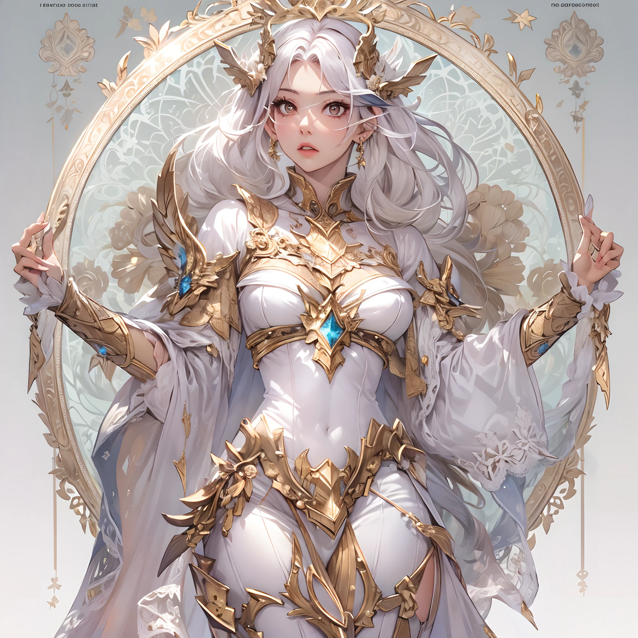 ((Masterpiece, Highest quality)), Detailed face, CharacterDesignSheet, full bodyesbian, Full of details, Multiple poses and expressions, Highly detailed, Depth, Many parts,white backgrounid,Beautiful paladin girl,singers,estilo fantasia,Holding a shield,mirrors,Extremely beautiful,Irridescent color,High Balance, Natural light, Lace,lacepantyhose,starrysky,Star decoration